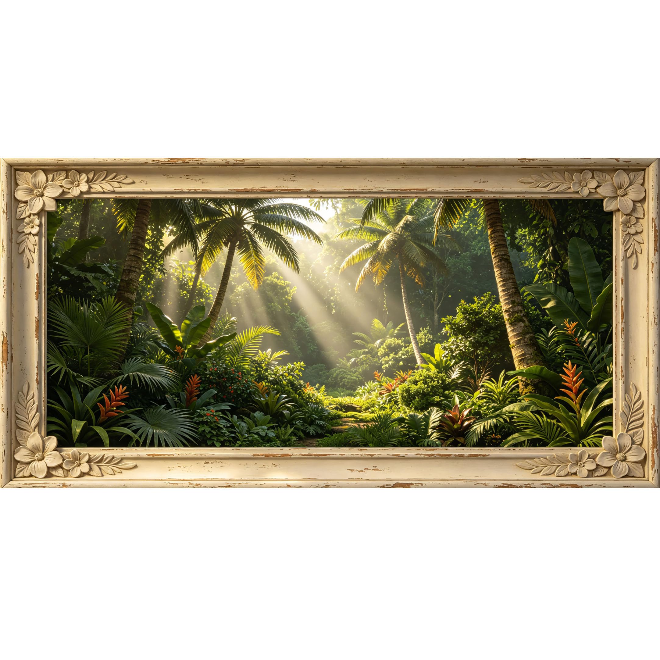 Agglomerix 3D Framed Wall Art Tropical Jungle Palm Trees Sunbeams Botanical Relief Effect Large Size SelfAdhesive Removable Wall Decor Prints Artwork for Living Room Bedroom Office