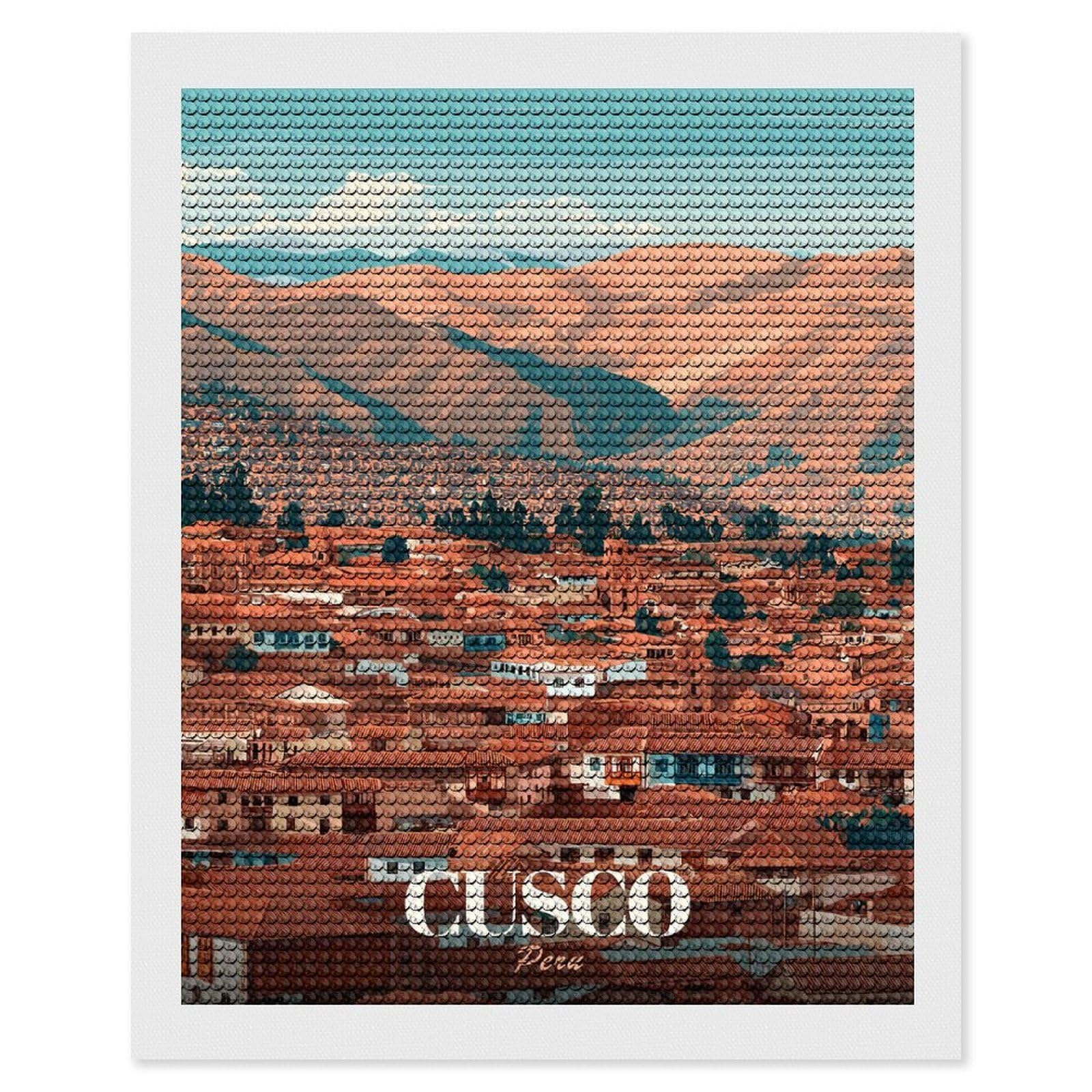 Junmoney Cusco Peru Cityscape Diamond Painting Canvas Kit 16"x20", Leisure Activity, Aesthetic Room Decor, with Tool Kit, DIY, Gift