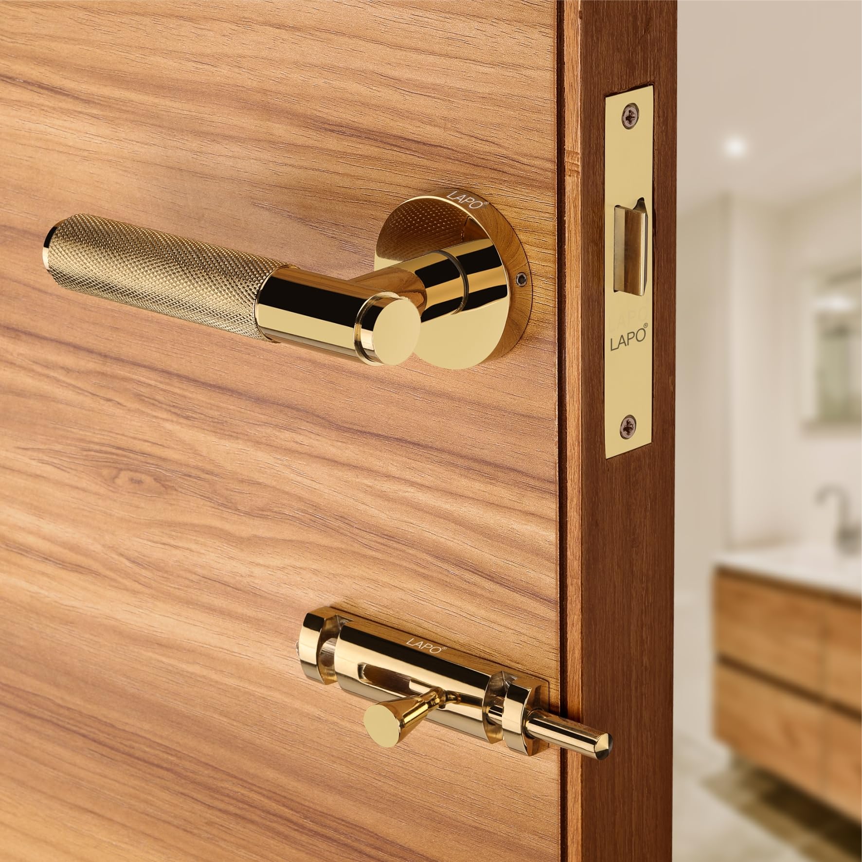 Brass Heavy Duty Door Lock for Bathroom Door Lock, Mortise Keyless Handlesets with Baby Latch for Home,Office,Hotel | PVD Gold Finish | 3 Years Warranty Ro-2100