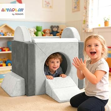 AIYAPLAY Soft Play Set Modular Kids Sofa Bed for Children 12 Pieces Grey | Playroom, Bedroom, Living Room, Children Convertible Sofa, for Boys and Girls