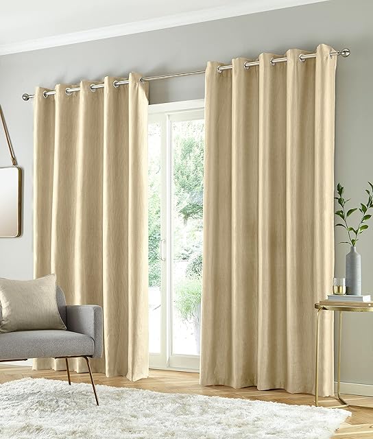 Enhanced Living Goodwood Cream Thermal Insulated, Energy Saving, Blockout/Dimout Eyelet Pair of Curtains with Horizontal Wave Pattern 46 x 54 inch (117x137cm)