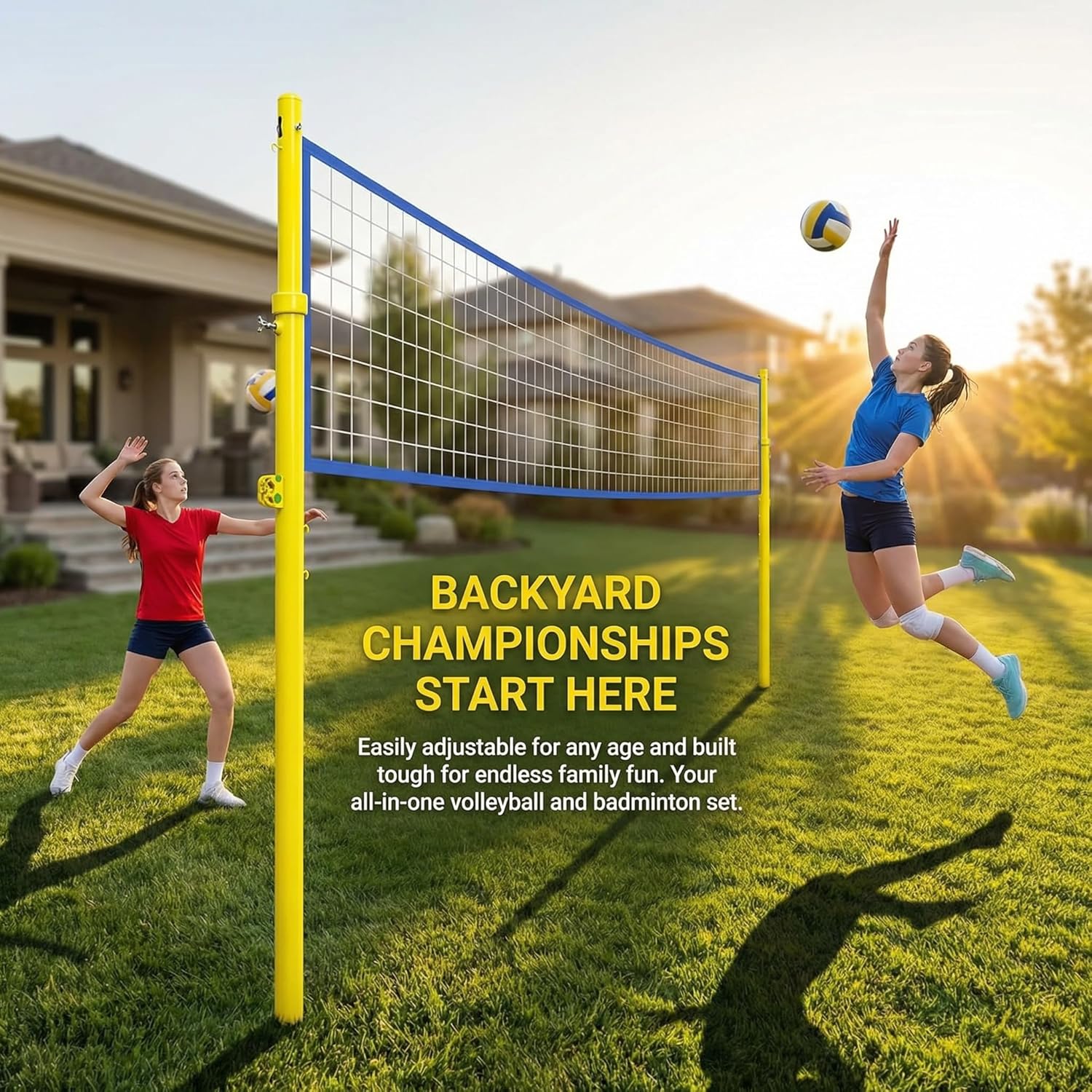 Heavy Duty Volleyball/Badminton Poles with Adjustable Height 5ft-6.8ft, Portable with Wheels, Ideal for Indoor/Outdoor Use, Perfect for Adults & Kids Backyard Fun & School Sports