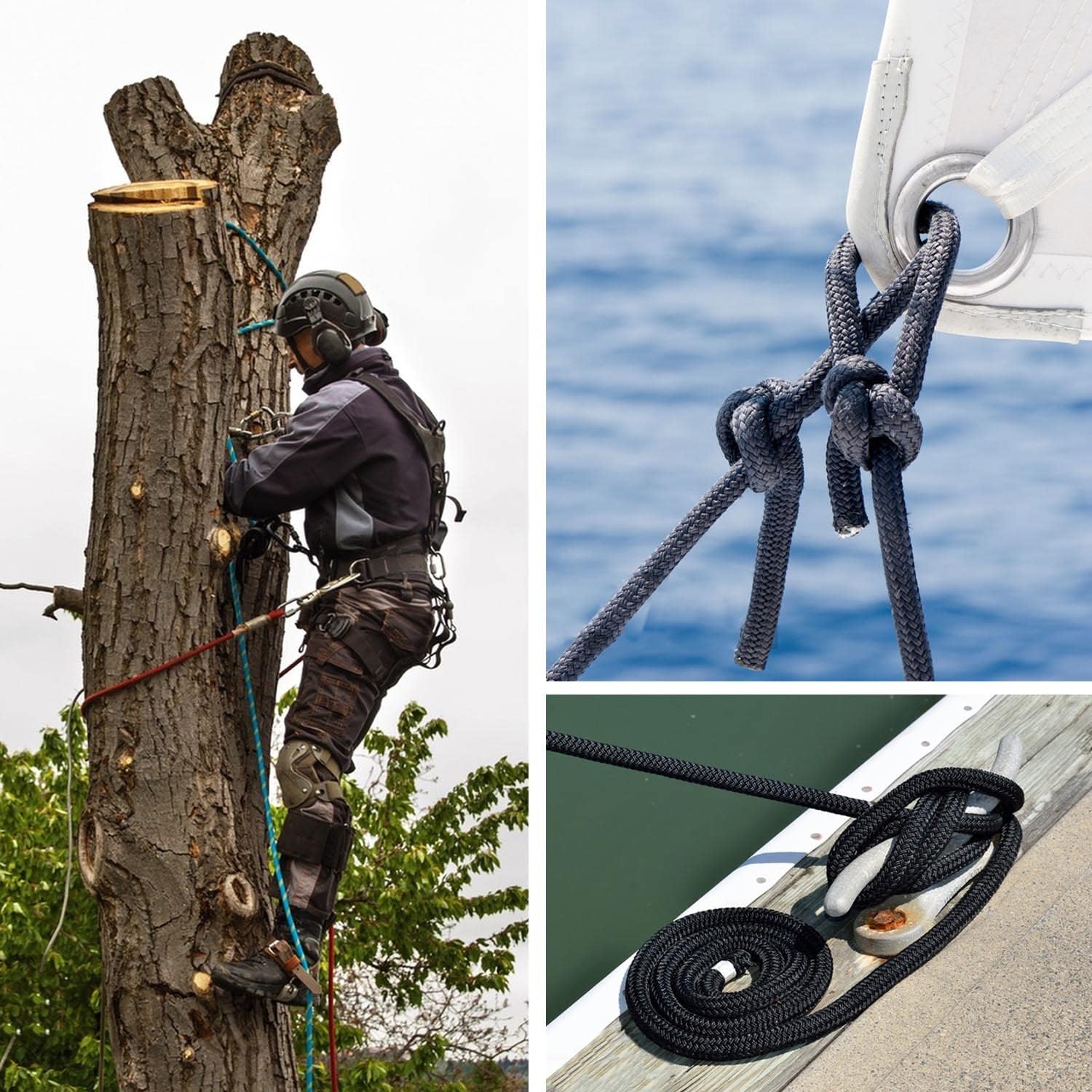 Double Braided Polyester Rope (1/2 in x 100 ft) Strong Arborist Rigging Rope 48 Strands for Tree Work Climbing Pulling Sailing, Black