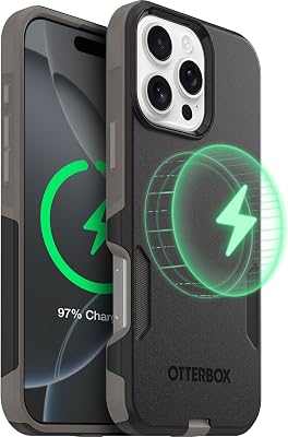 OtterBox iPhone 16 Pro Max (Only) – Commuter Series Case – Built-in MagSafe – Thin, Dual-Layer, Pocket-Friendly, Port Cover – Black Ash (Black/Grey)
