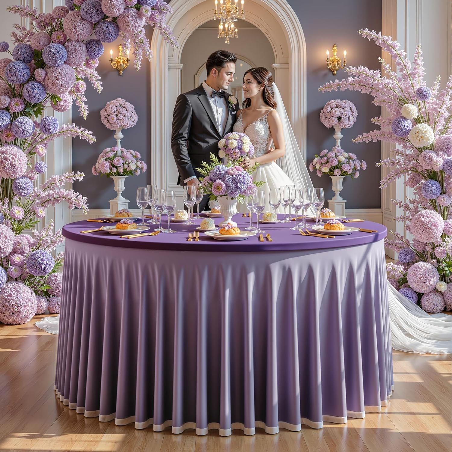 Wish Care Purple Tulle Tablecloth 72 Inch Spandex Elastic Round Table Cloths Ruffle Tutu Skirt 6ft Wrinkle Free Stretch Fitted Round Table Cover for Baby Shower Wedding Birthday Party Banquet Cake