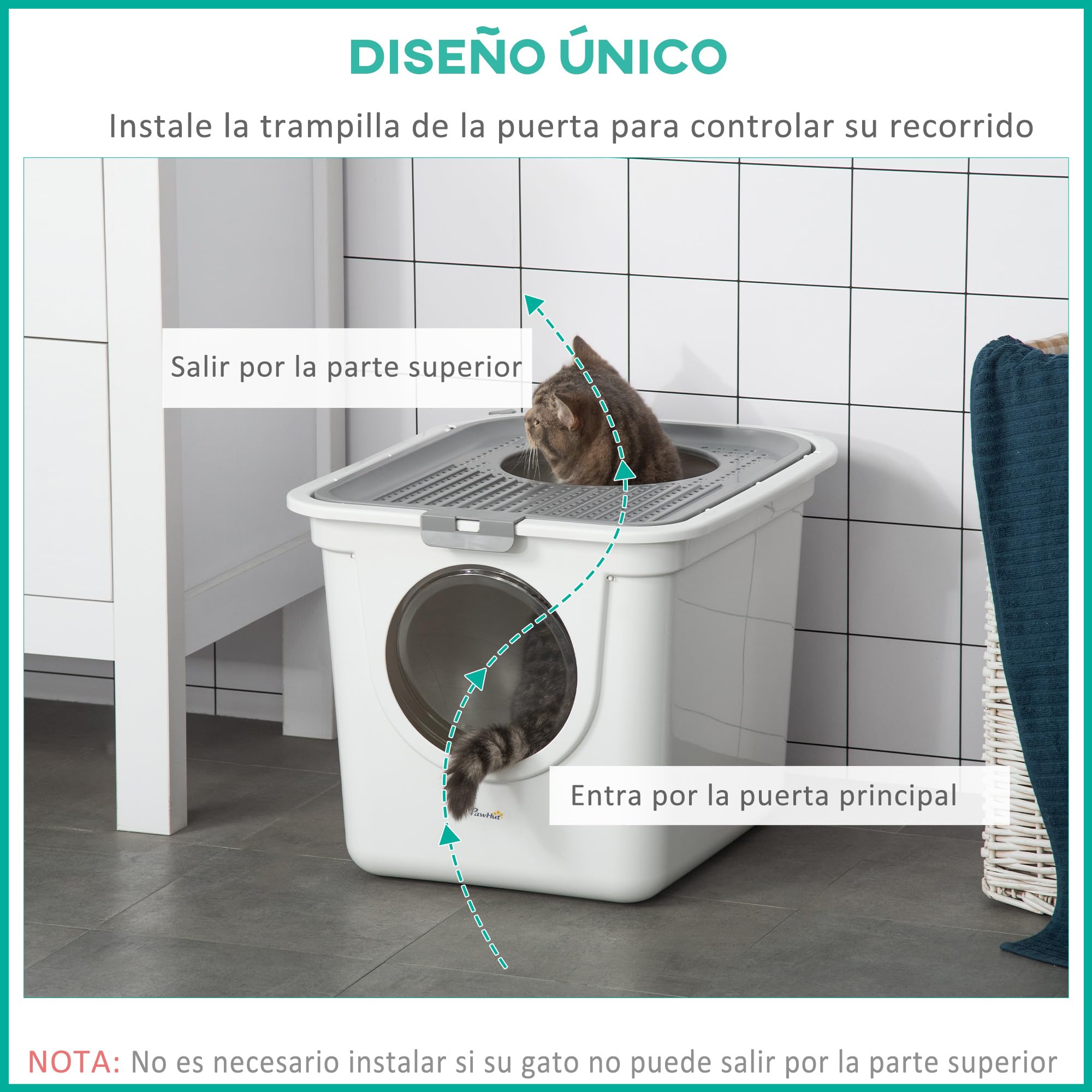PawHut Arenero para Gatos con Pala 2 Puertas 44x55x39 cm Blanco y Gris | Inodoro para Mascotas, Entrada Principal y Salida Superior