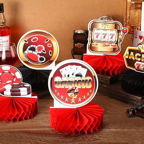 Miniatura 4 de 16 piezas de decoración de fiesta temática de casino, dados de póquer, centros de mesa 3D de panal para mesas, juego de tarjetas de casino,