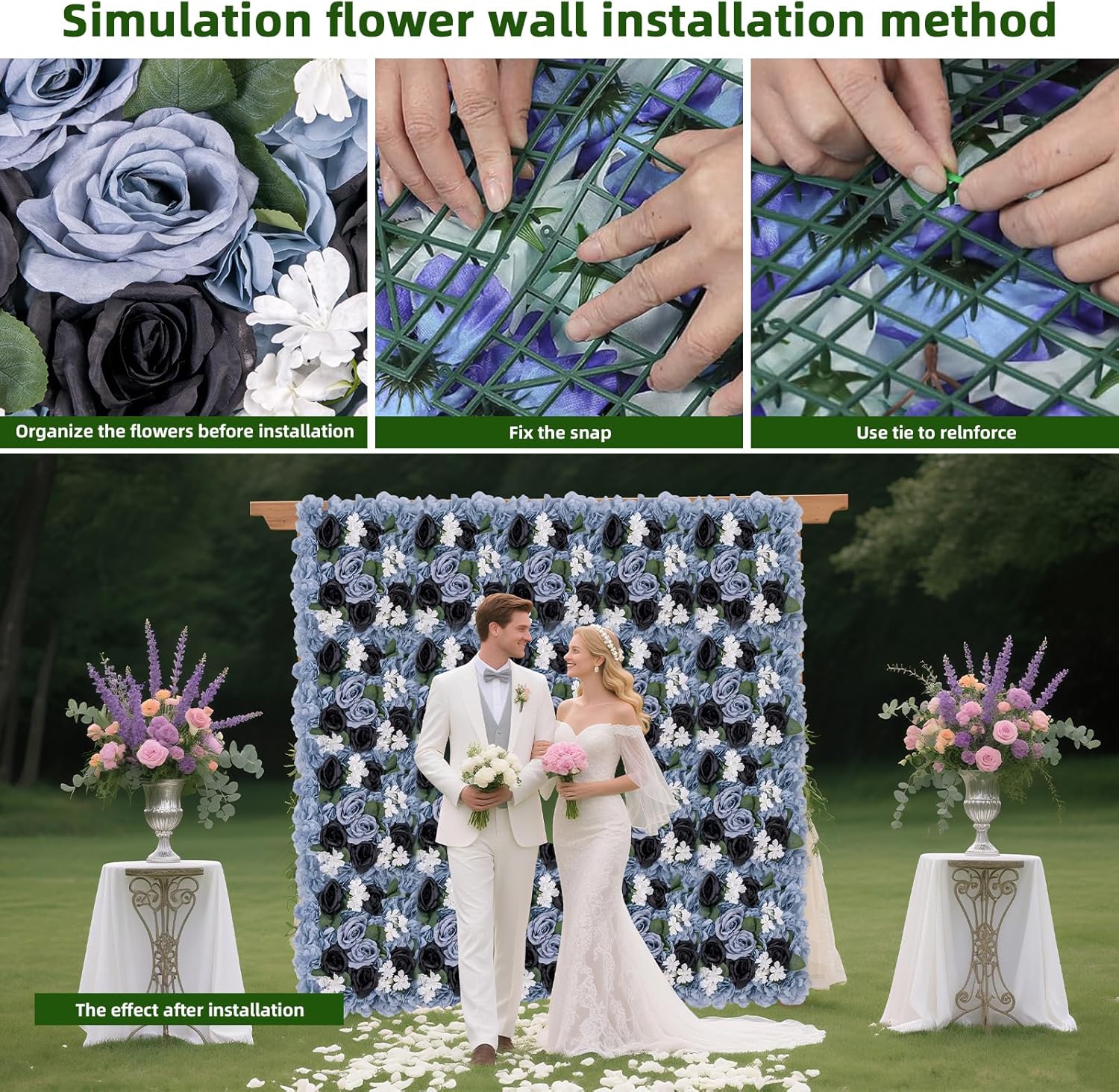 12-Pack Flower Wall Panels, 15x15 Inch Artificial Silk Rose Backdrop for Wedding, Party & Event Decorations, Blue