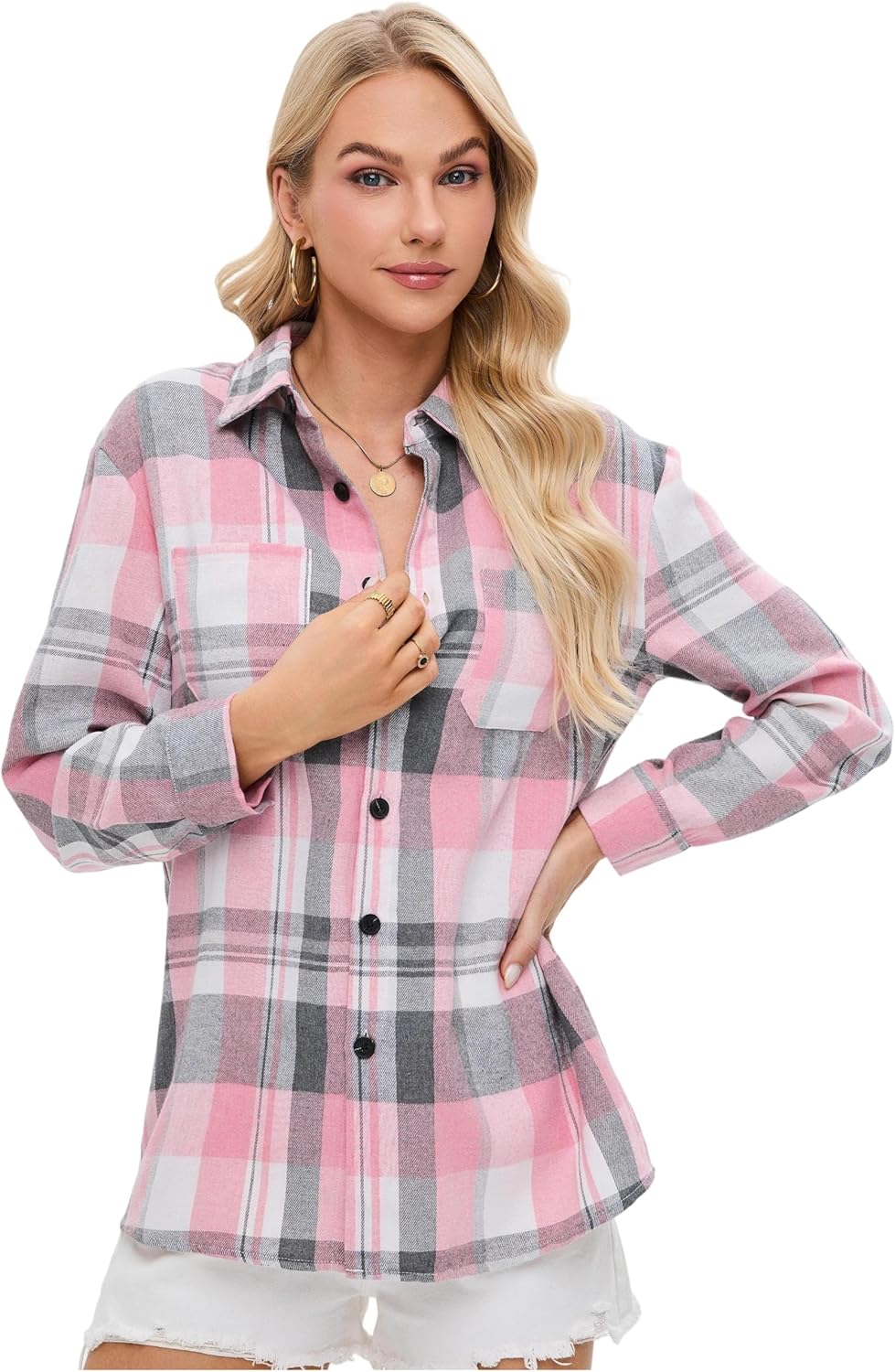 Womens Button Down Plaid Shirts Oversized Long Sleeve Collared Casual Blouse Top - Image 4