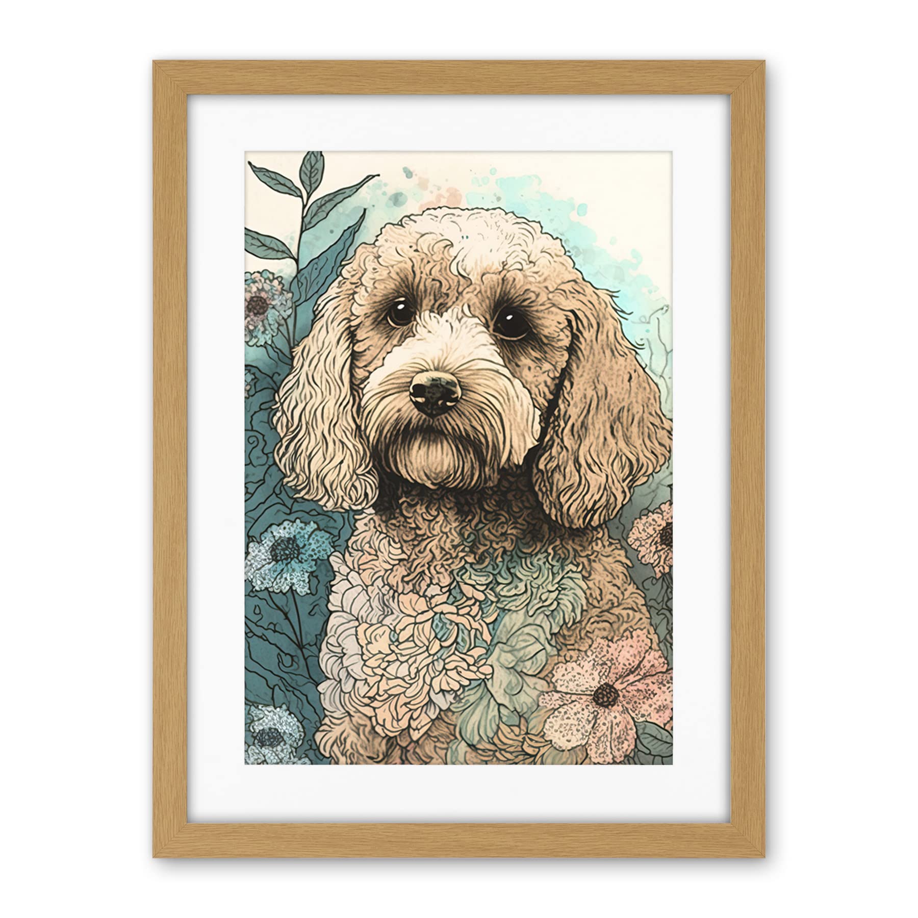 Artery8 Cockapoo Dog in Wildflower Field Pastel Watercolour Illustration Artwork Framed Wall Art Print 18X24 Inch