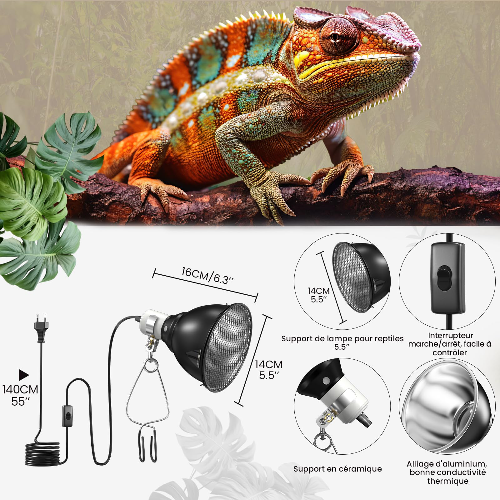GlowUp Lampe Chauffante Dôme Réflecteur, 5.5 Pouces E27 160W Lampe Chauffante Terrarium Support de Lampe à Réflecteur pour Ampoule UVA UVB