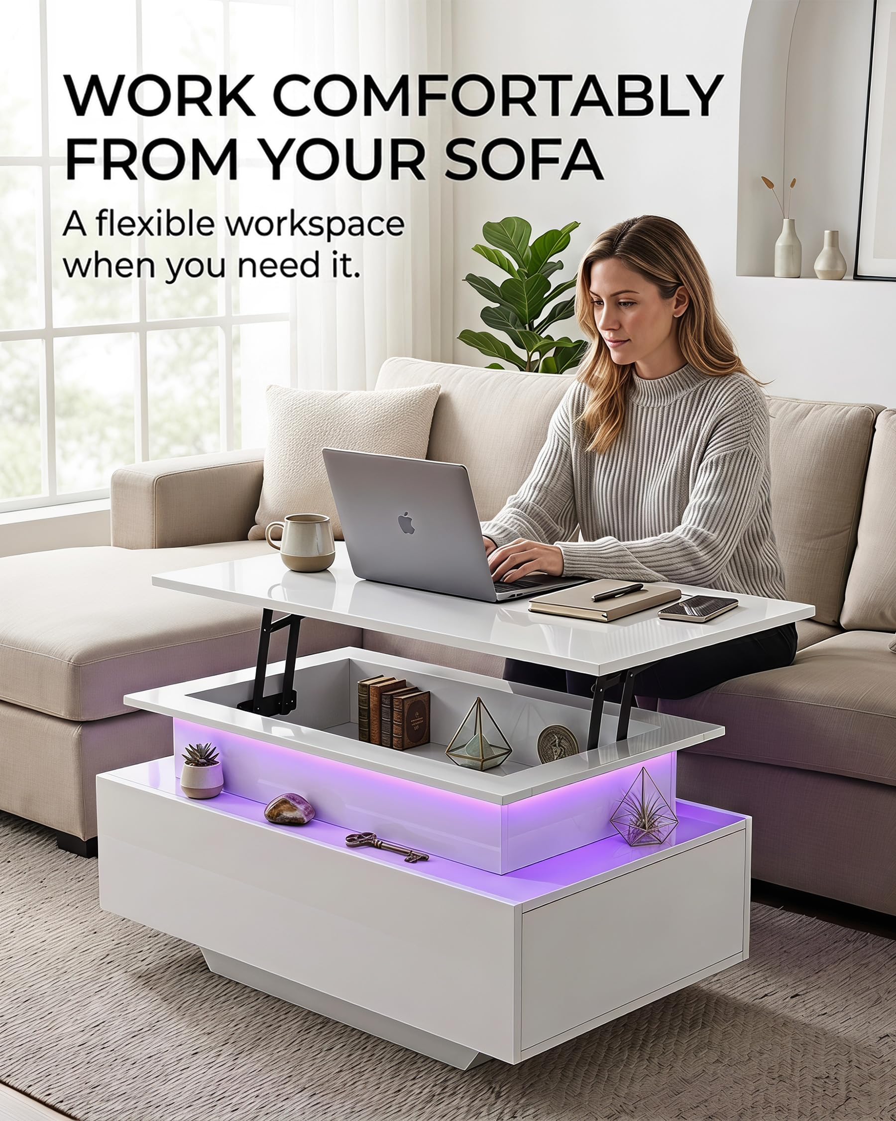 Tavolino da Salotto Rettangolare Moderno, Tavolo Salotto Salvaspazio, Tavolino Trasformabile con 2 cassetti e 1 spazio nascosto, Coffee Table con effetti di luce multicolore