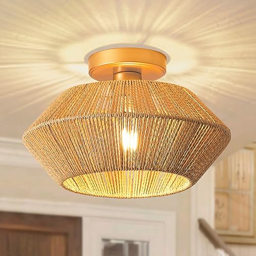Imitation Rattan Flush Mount Ceiling Light, Hand-Woven Shrouded Hallway Ceiling Light Fixtures Farmhouse Chandeliers Antique Brass Brush Paint Finish for Dining Room, Bedroom, Corridor, Entryway