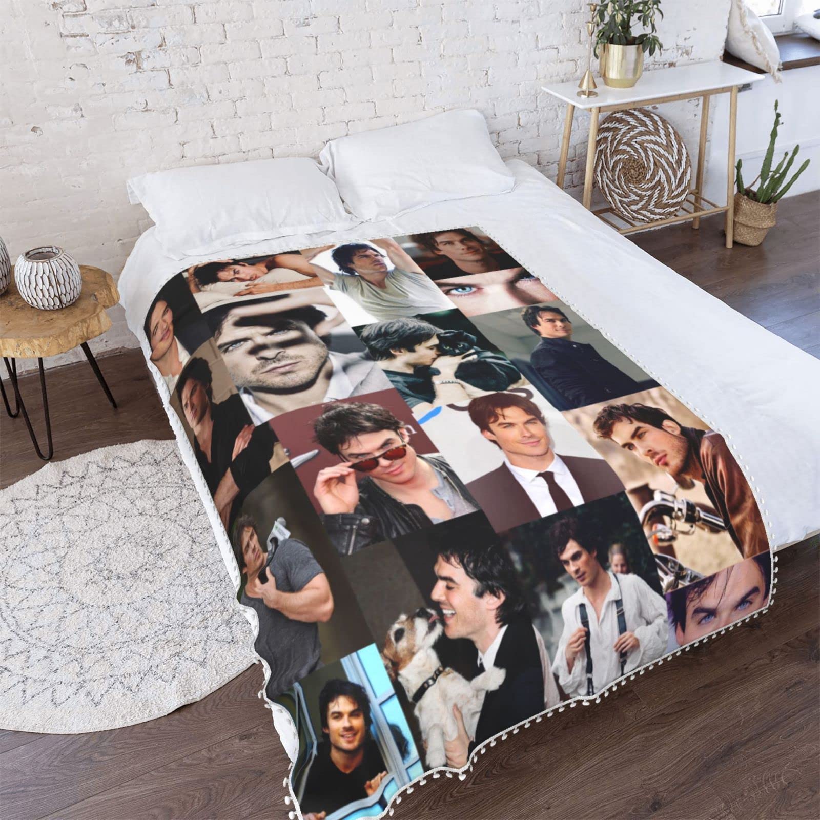 Soft Pompom Fringe Throw Blanket, Ian Somerhalder Fleece Blankets for Sofa Bed Travel 50"x40"