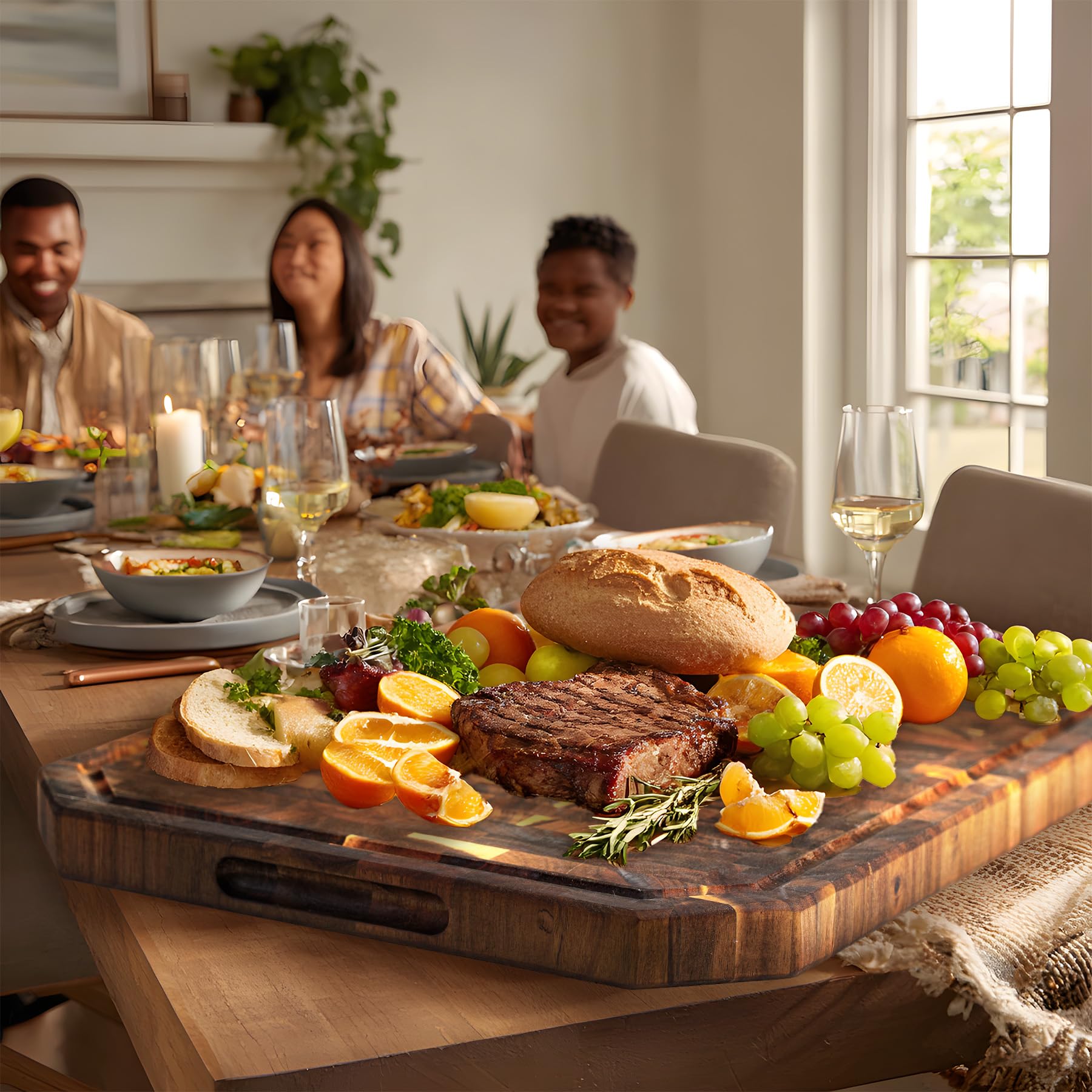 Utoplike Grande planche à découper en bois d'acacia (56 x 40,5 cm), bloc de boucher à grain debout avec rainure pour jus et poignées, planche à découper réversible pour viande, légumes et fromage