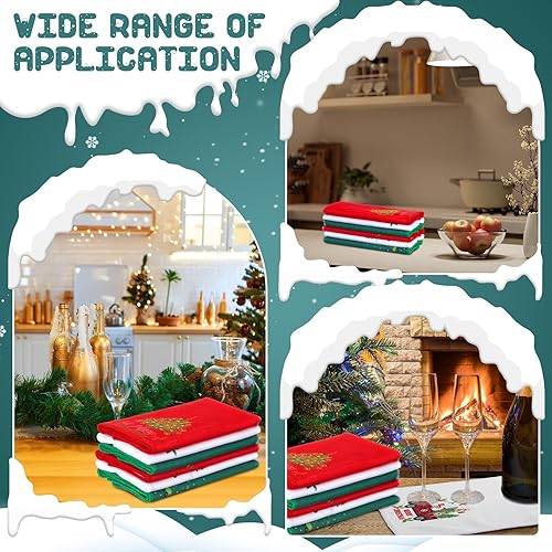 Miniatura 6 de Macarrie 12 toallas de mano navideñas de Navidad, Papá Noel, reno, muñeco de nieve, árbol, a cuadros, bordadas, toallas de algodón absorbentes, 13 x