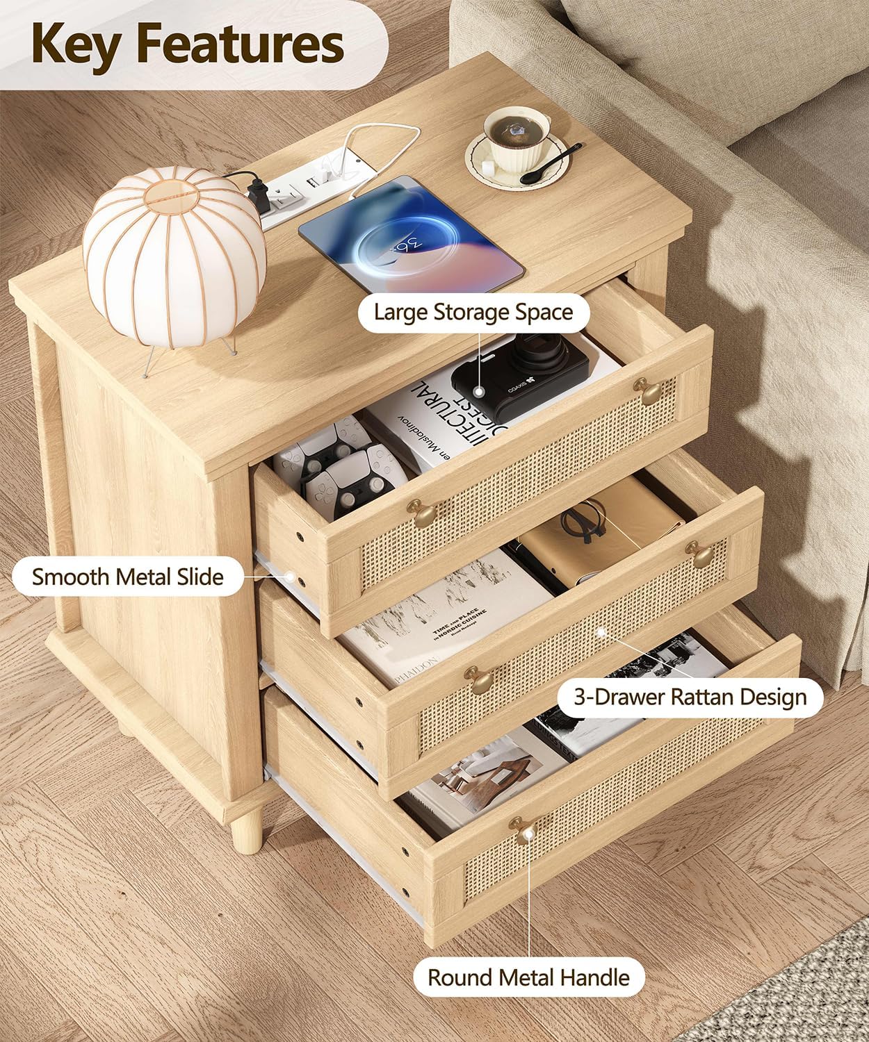 Keehusux Night Stand with 3 Large Storage Drawers, 26.8" H Rattan Nightstand with Charging Station, Boho Bedside Table with Round Handles, Wooden End Table for Bedroom, Natural Oak KES008MECTG