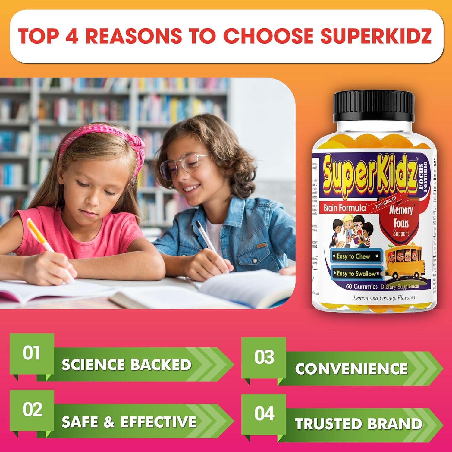 Superkids Focus Gummies for Kids, Omega 3 Gummy Kids Focus and Attention Supplements, Teen Brain Focus Vitamins, Non-GMO Gummy Vitamins, Tasty Lemon & Orange, 60 Count - Image 4