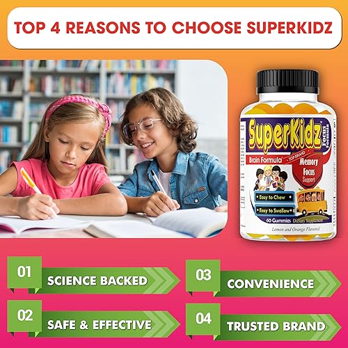 Miniatura 4 de Superkids Kids Focus Gummies - Omega 3 DHA para niños, salud cerebral y apoyo de la memoria, vitaminas gomosas sin OMG para niños, sabroso limón y