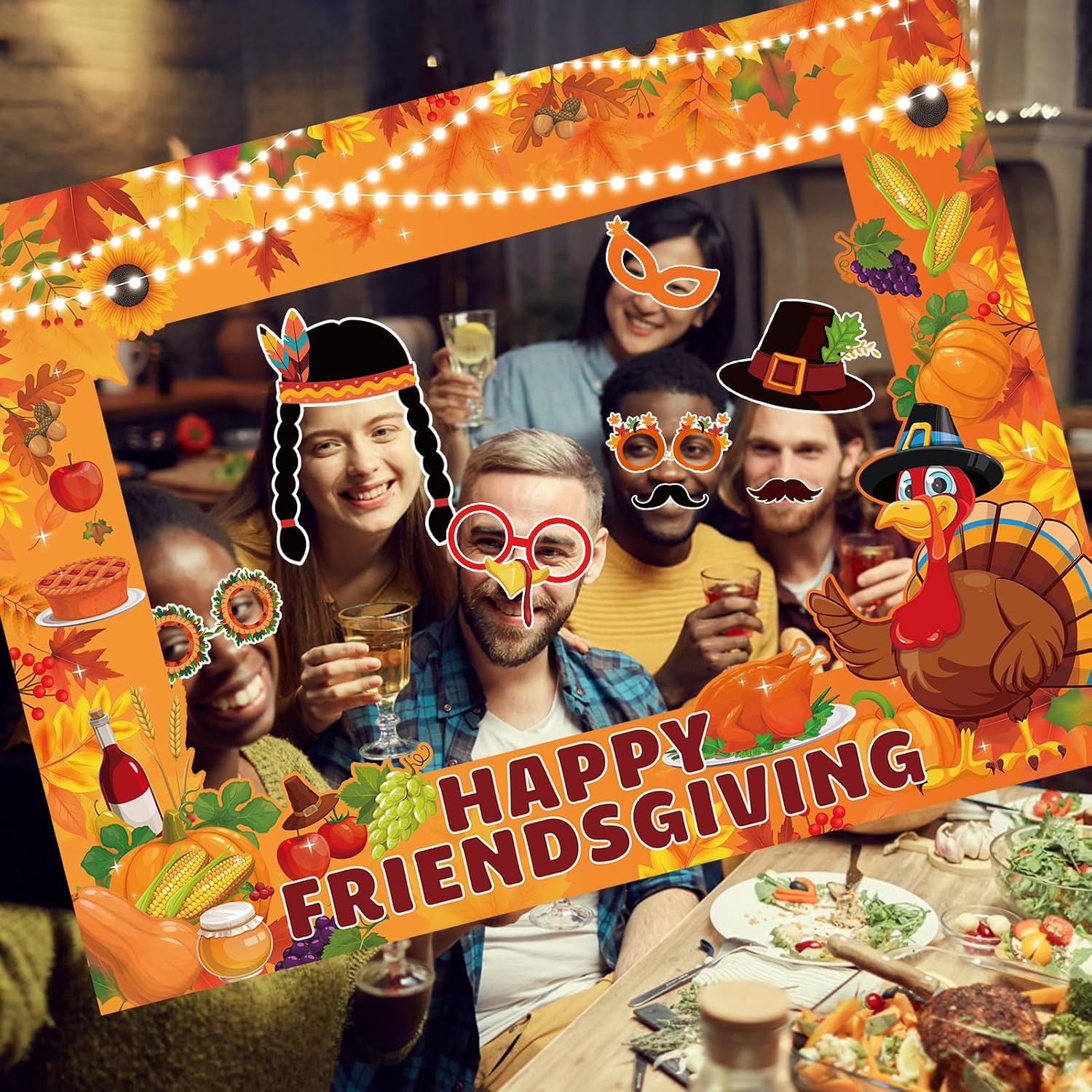 HOWAF 31pcs Friendsgiving Photo Booth Props Kit, Friends Happy Thanksgiving Party Selfie Props with Photo Frame for Turkey Day Give Thanks Party Friends Gathering Decorations