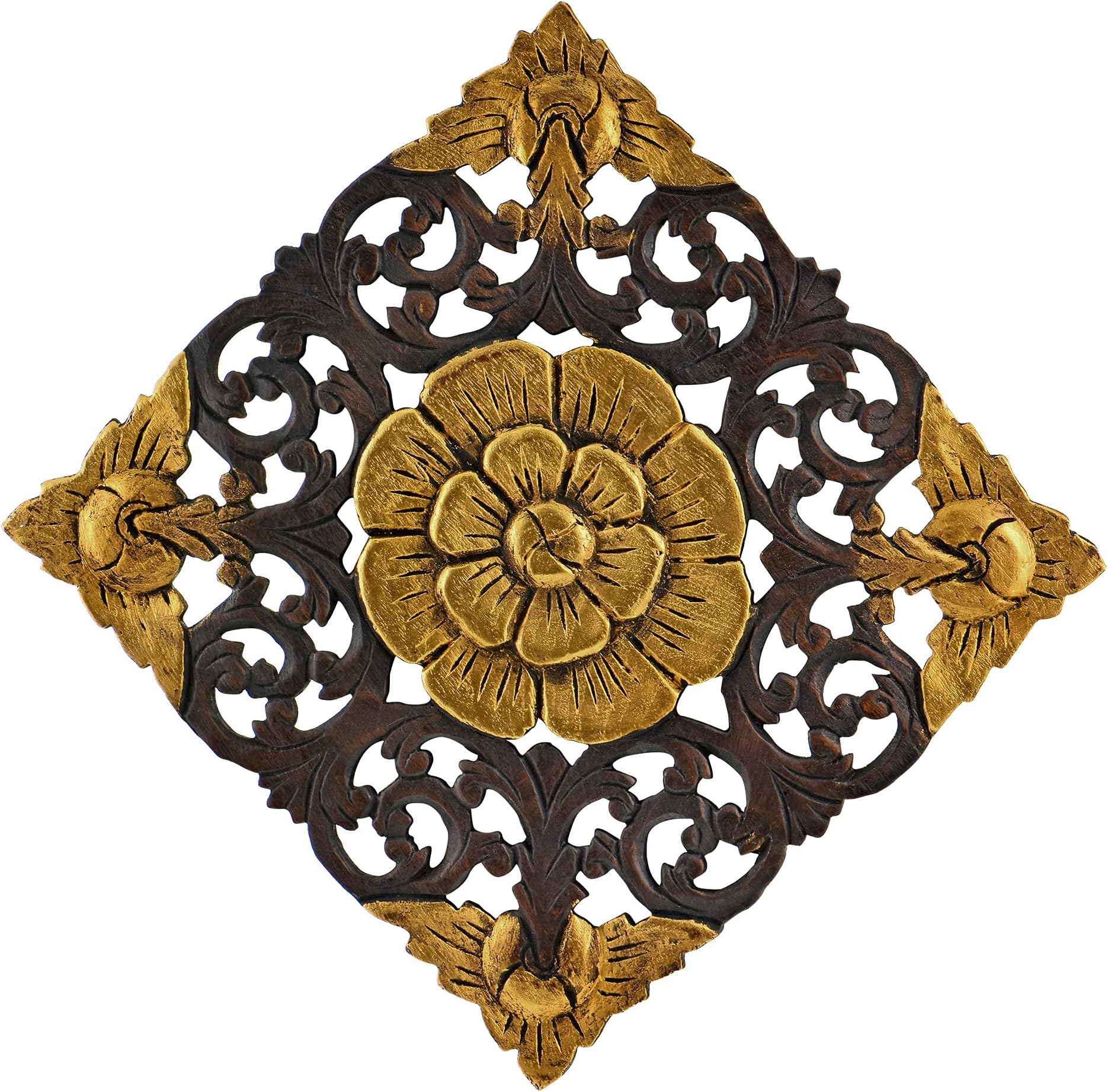 AeraVida Intricate Lotus Blossom with Gold Accents Hand Carved 11 x 11 Teak Wood Wall Art | Wood Wall Art for Living Room | Lotus Blossom Wall Art