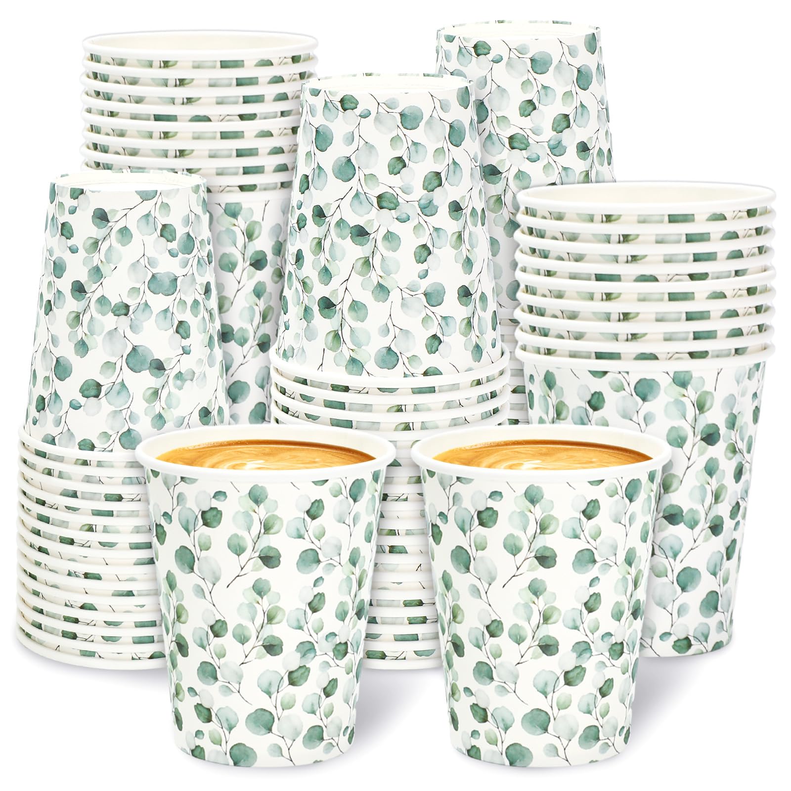 JarThenaAMCS 60Pcs Greenery Floral Paper Cups 9 oz Eucalyptus Leaves Disposable Coffee Cups for Spring Wedding Bridal Baby Shower Birthday Party