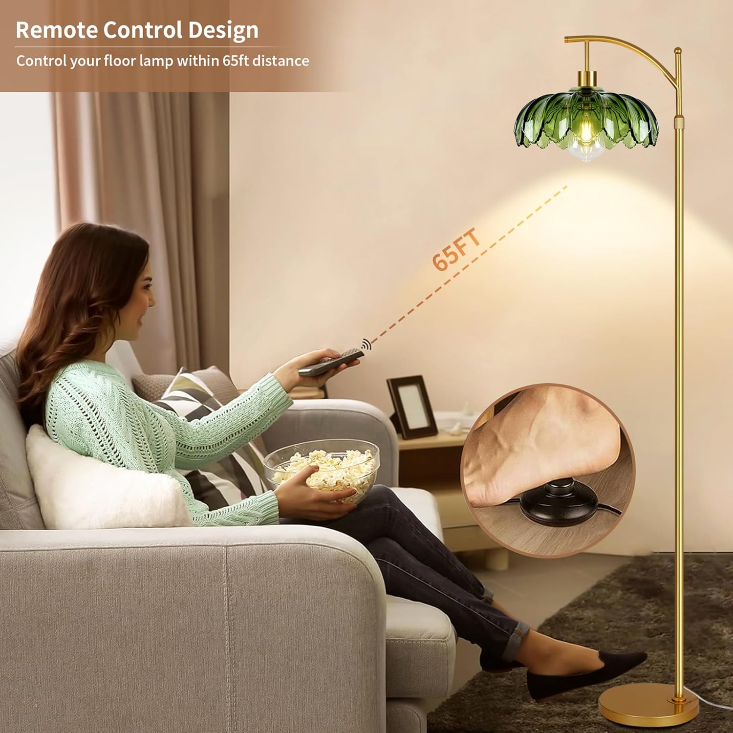 Gold Floor Lamp for Living Room Bedroom with Remote,Unique Vintage Standing Tall Lamp,Mid Century Modern Floor Lamps with Dimmable Bulb,Arc Green Glass Floor Lamps for Office Corner