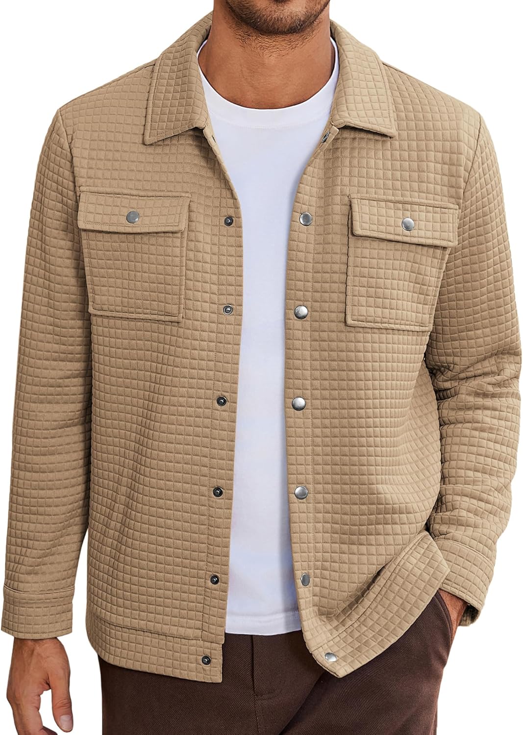 COOFANDY Mens Casual Shirt Jacket Button Down Waffle Jacket Long Sleeve Sweater Jackets Quilted Shacket Overshirt