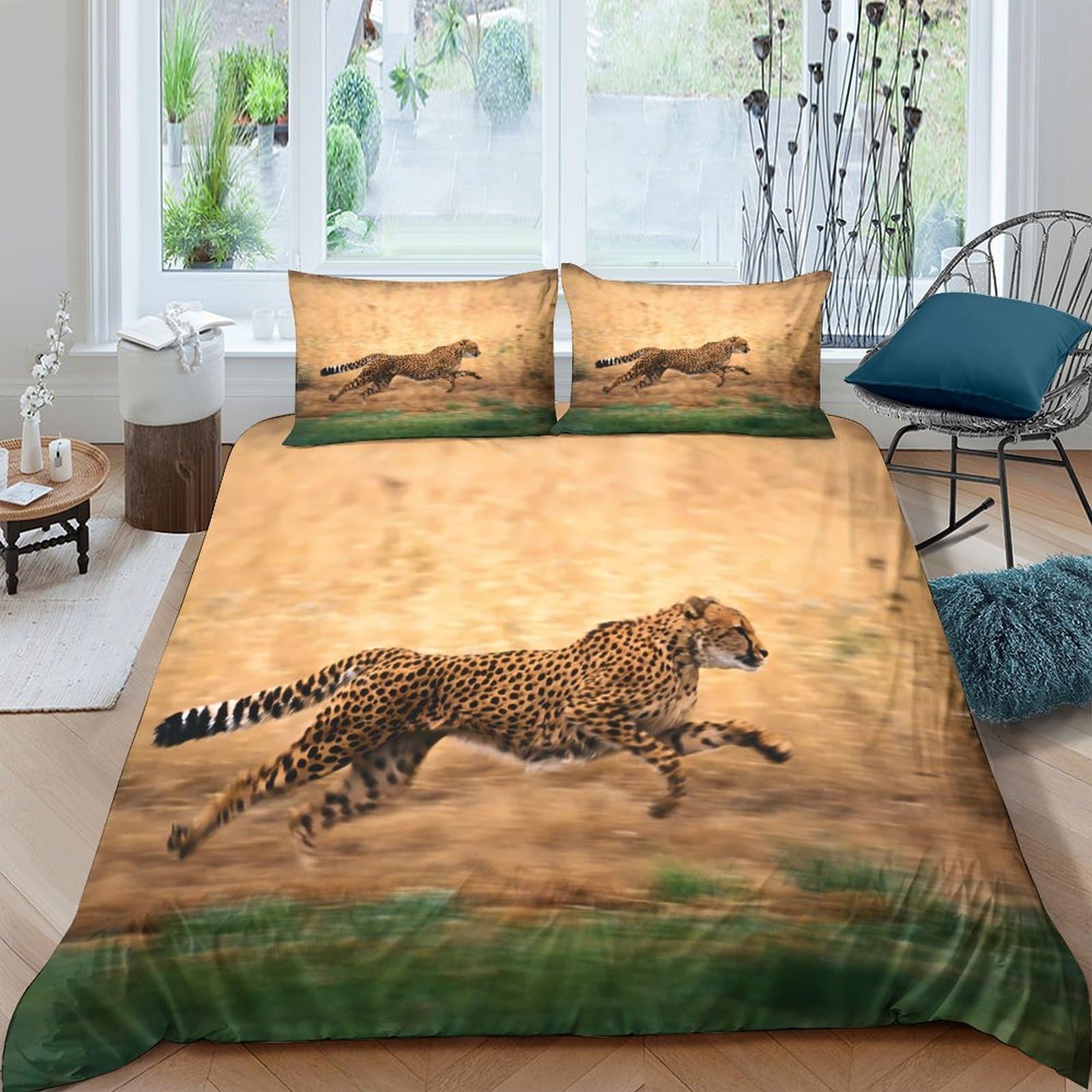 GPLZQXKJNH 3D Printed Running Cheetah Duvet Cover Microfiber Soft Breathable Savannah Animal Bedding Set with 2 Pillowcases for Bedroom Decor Single（135x200cm）