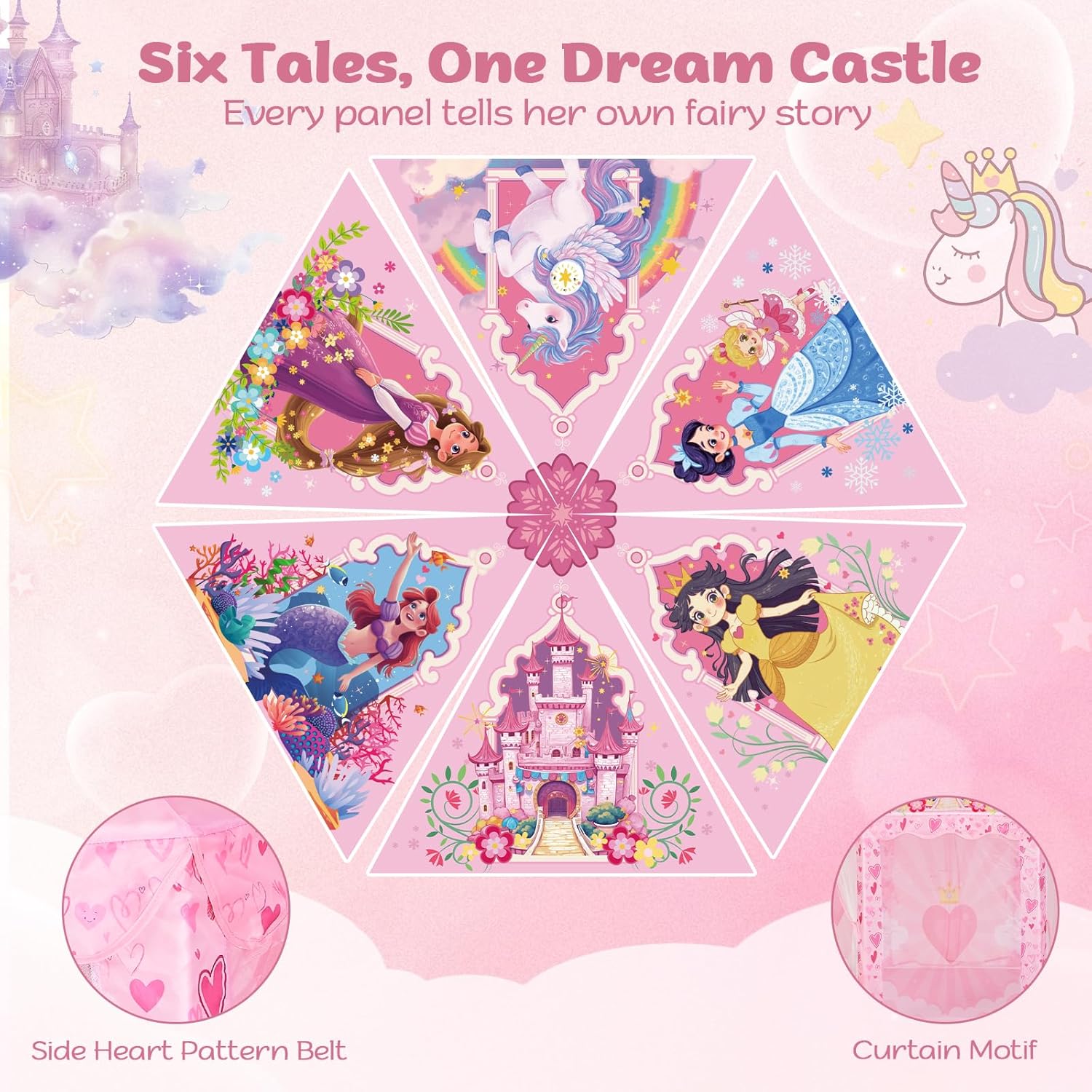 Hexagon Princess Play Tent for Girls, Large Indoor Castle Playhouse with Carrying Bag, Dreamy Reading Nook and Imaginative Play Space, Birthday, Valentines, Easter Gift idea for Kids Ages 3–8