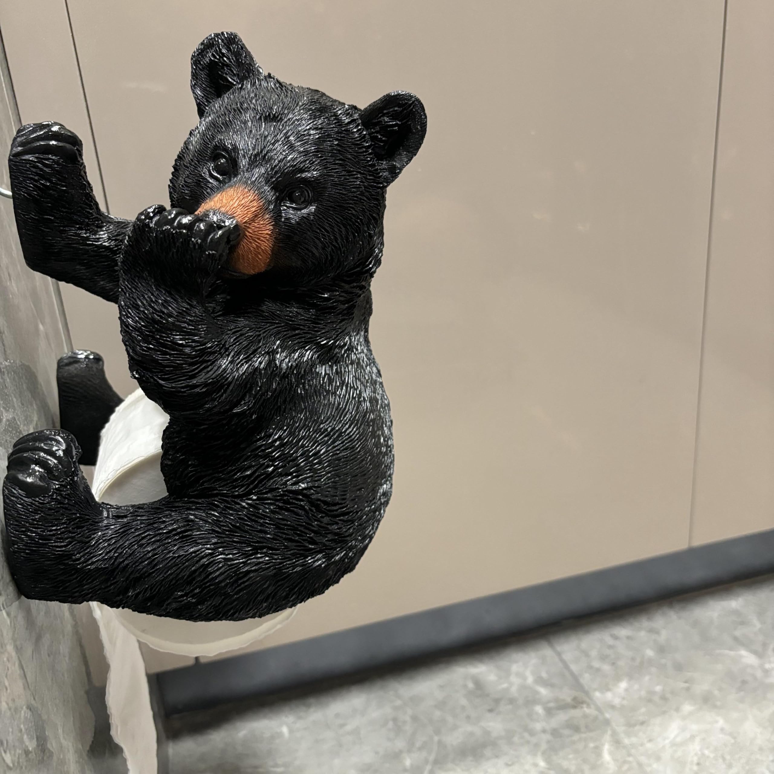 Bear Toilet Paper Holder, Bear Cub Tissue Holder Rack with Shelf, Rustic Towler Holder Bathroom Wall Mounted Ornament, Black Bear Bathroom Decor, Wall Decor