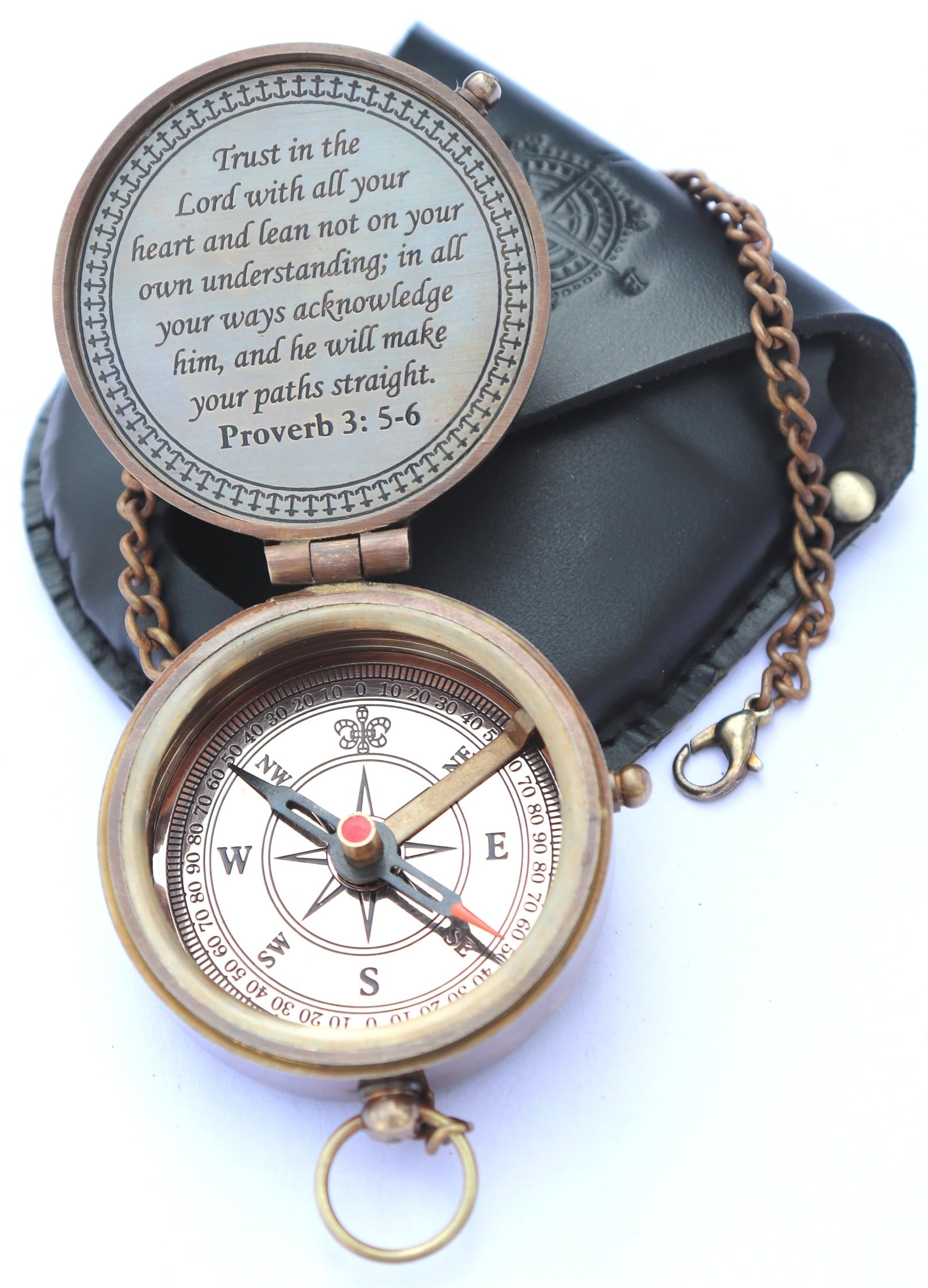 MADSNIIB Brújula de latón grabada para dirección, camping, senderismo, brújula portátil con cadena y funda de cuero, regalo religioso, idea de regalo misionero antiguo hecho a mano, confianza en el