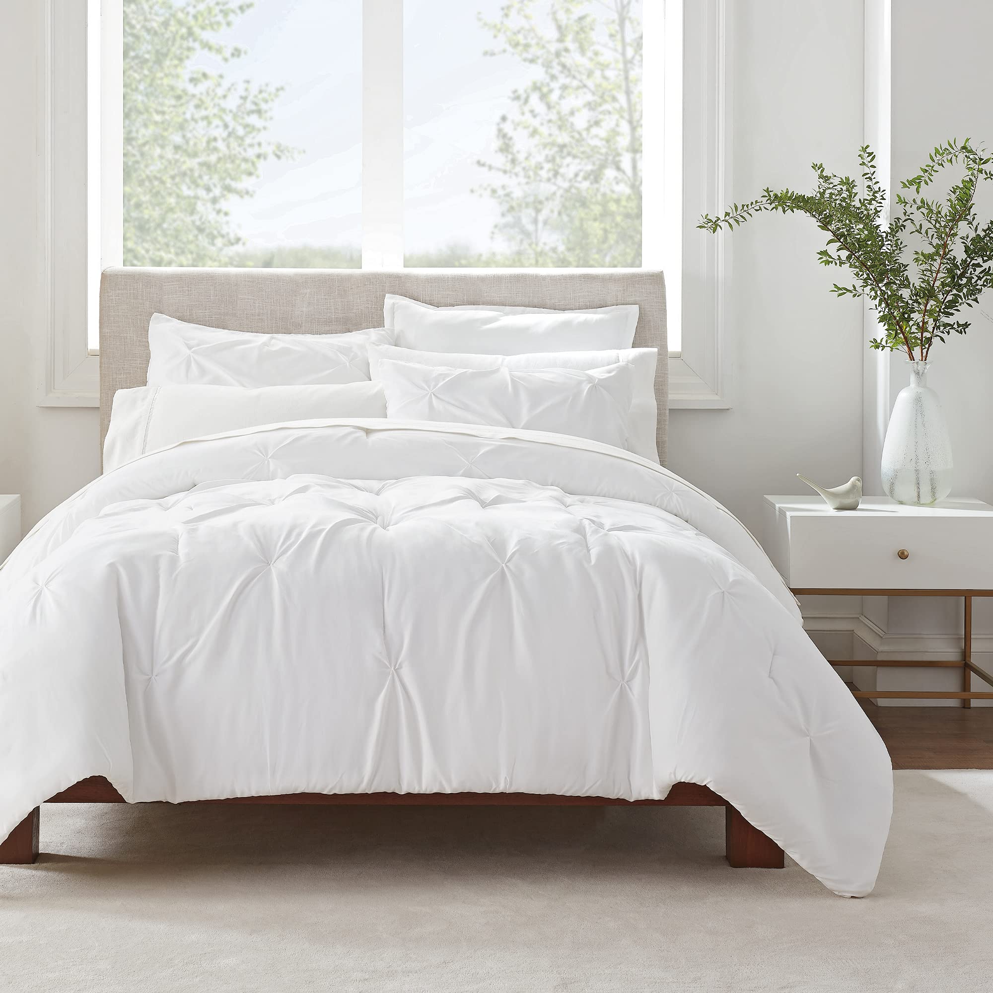 SERTA Simply Clean Soft Lightweight Pleated 2 Piece Hypoallergenic Comforter Set, Twin XL, White