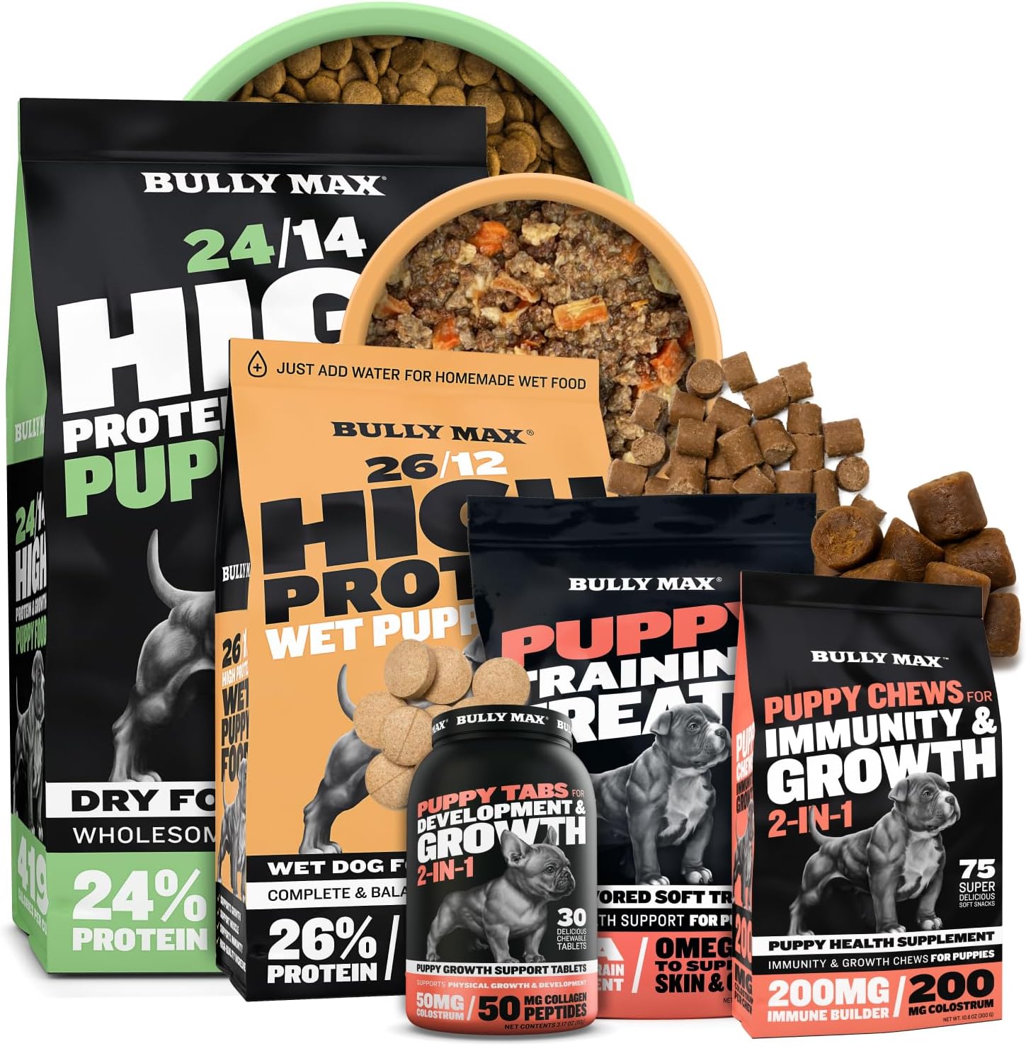 Bully Max Puppy 5-Pack – 24/14 High Protein Dry Food (5 lb), 26/12 Wet Food (2 lb), 2-in-1 Tabs, Chews & Treats – Healthy Weight Gain, Immunity, Gut Health & Training for Small & Large Breed Puppies