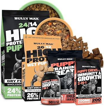 Bully Max Puppy 5-Pack 24/14 High Protein Dry Food 5 lb, 26/12 Wet Food 2 lb, 2-in-1 Tabs, Chews & Treats Healthy Weight Gain, Immunity, Gut Health & Training for Small & Large Breed Puppies