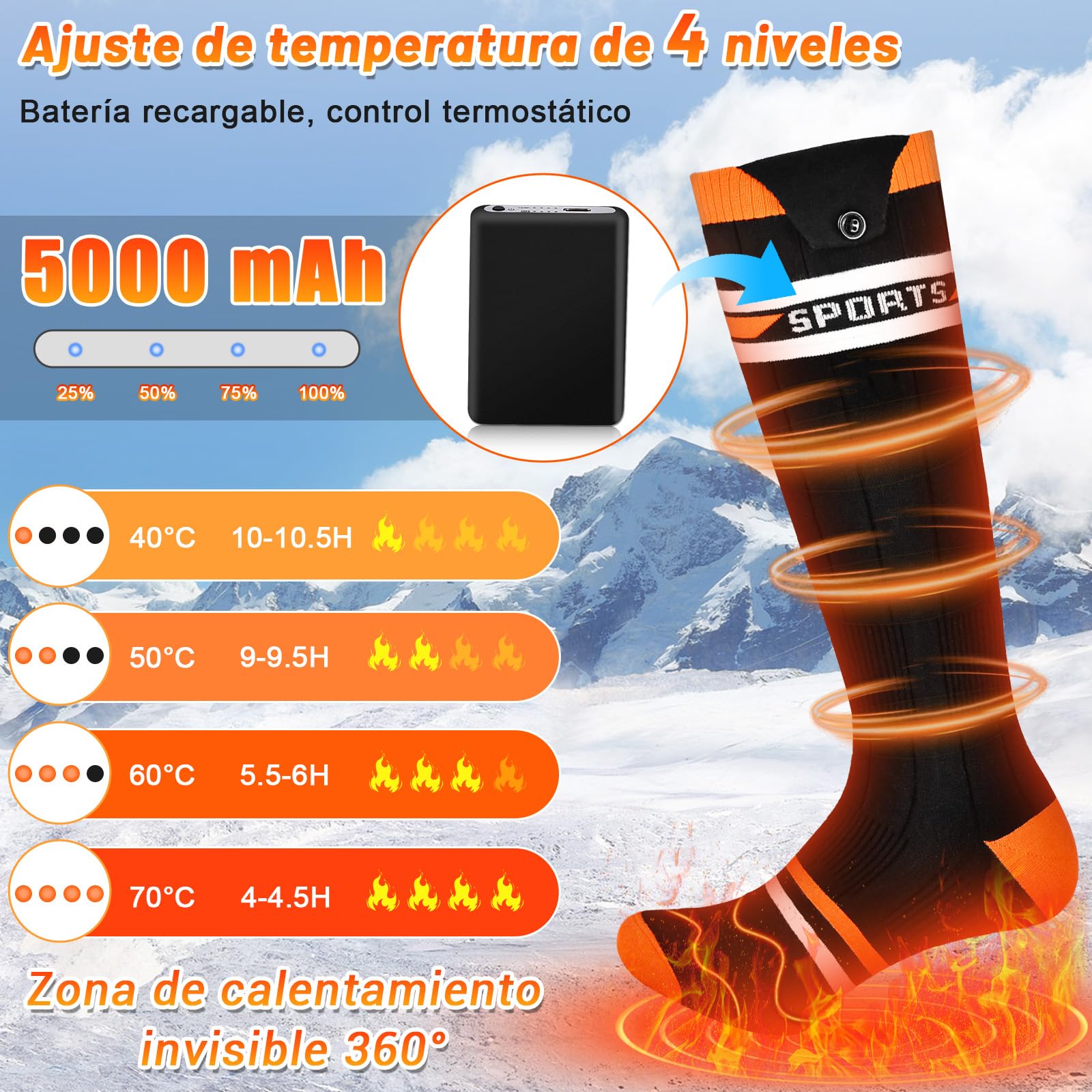 Aragallant Calcetines Calefactables Mujer Hombre, 5V/5000mAh Calcetines Térmicos Eléctricos Recargables con 4 Temperaturas, Calentadores de Pies Calcetines para Invierno Esquí Caza