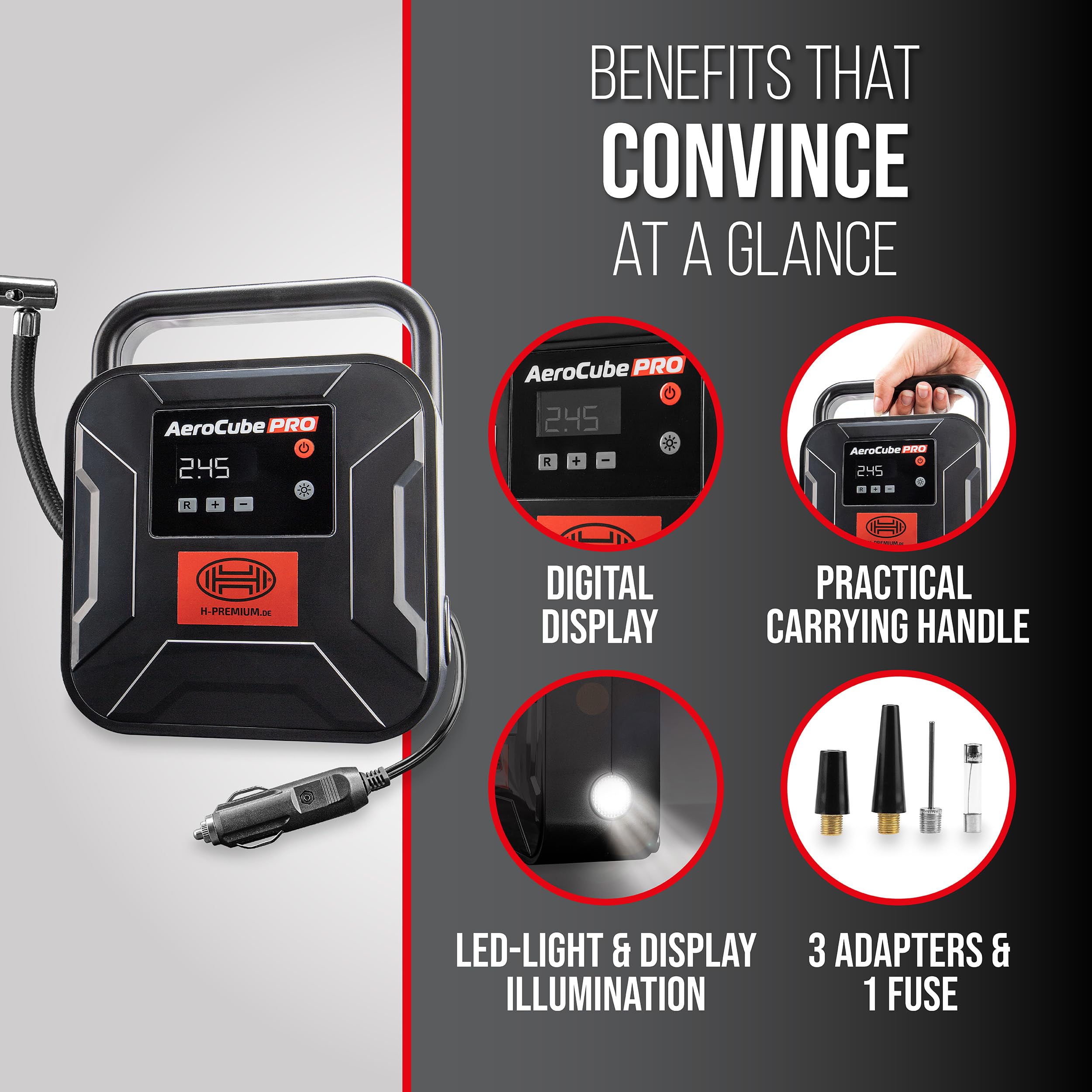 HEYNER® Compressore mini I, borsa I 12 V/120 W, aria compressa 10 bar/150 PSI, manometro digitale, illuminazione a LED, pompa ad aria elettrica, compressore portatile, 10 bar, accendisigari