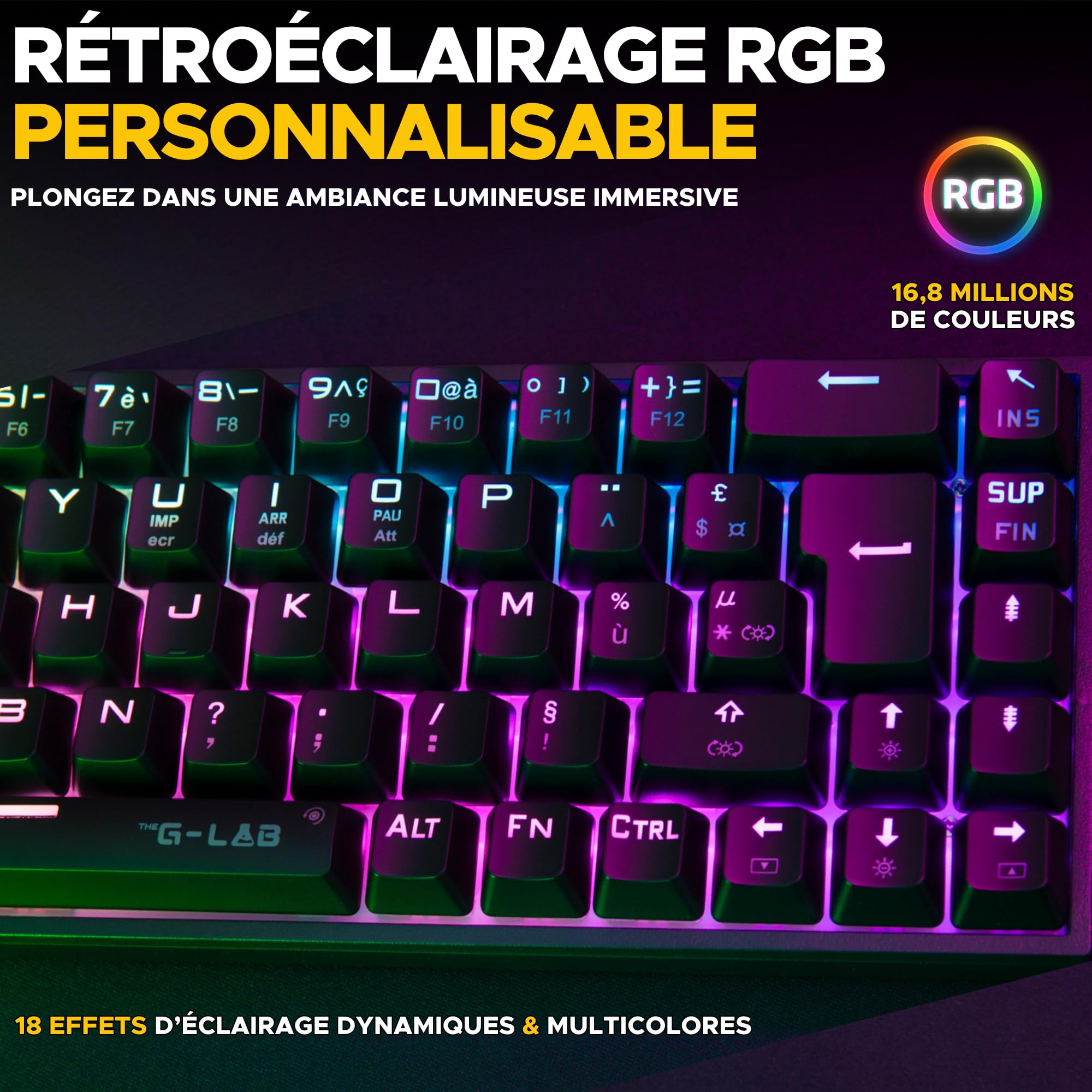 The G-Lab - Keyz Titanium - Clavier Gaming 65% AZERTY, USB - Clavier Mecanique Switch Rouge - RGB 100% Personnalisable, Anti-Ghosting, Macros programmables - pour PC, PS4, PS5, Xbox - New (Noir)