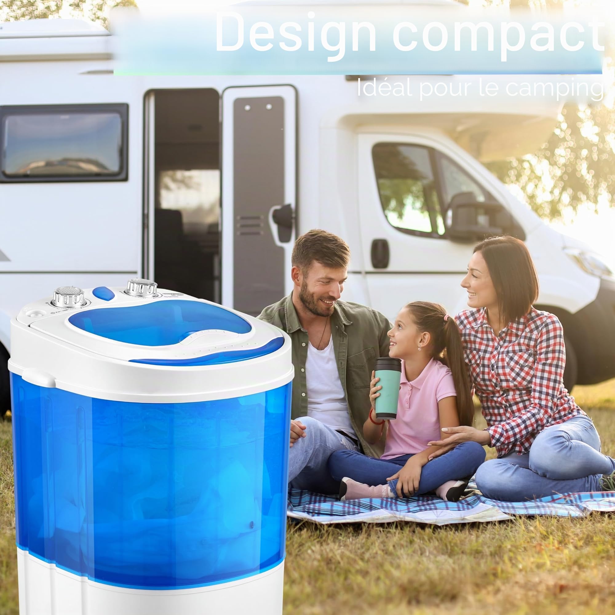 Steinborg Mini machine à laver avec essoreuse - 3 kg - 2 compartiments - Essorage jusqu'à 1 kg - Lavage et séchage - Camping mobile - Efficace et économique en énergie et en eau - Bleu Bulle/Blanc