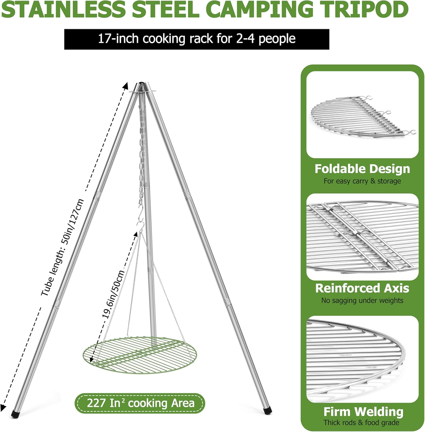 HaSteeL Campfire Tripod for Cooking, Stainless Steel Camping Tripod Grill for Outdoors Beach Backyard Firepit BBQ, Openfirer Stand Hanger with 17” Folding Rack & 6 Barbecue Tools, Adjustable Height