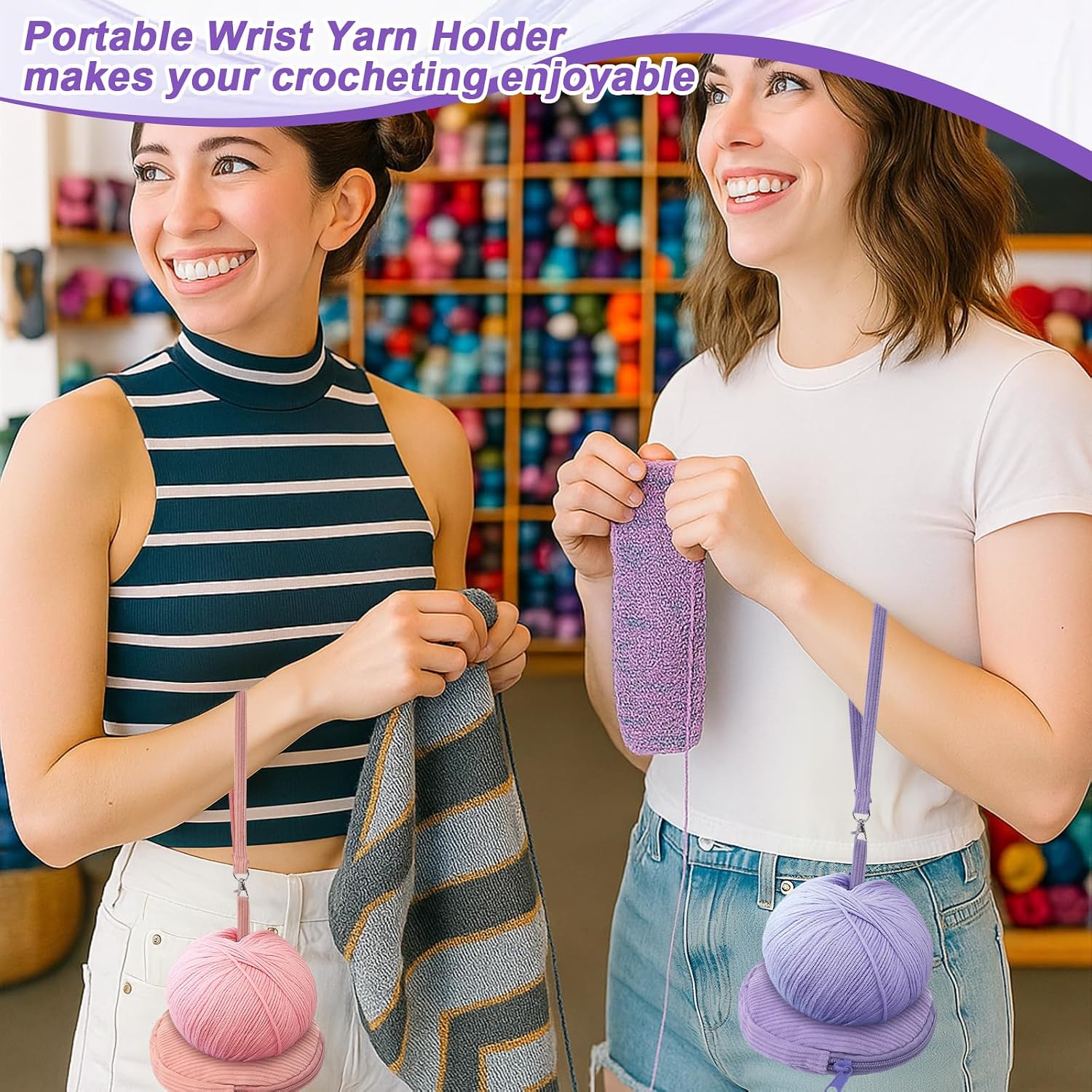 SATINIOR 2 Pack Portable Wrist Yarn Holders for Crocheting and Knitting, Spinner Mini Yarn Ball Holder with Zipper Corduroy Bag for Travel Craft Lovers Beginners and Experts