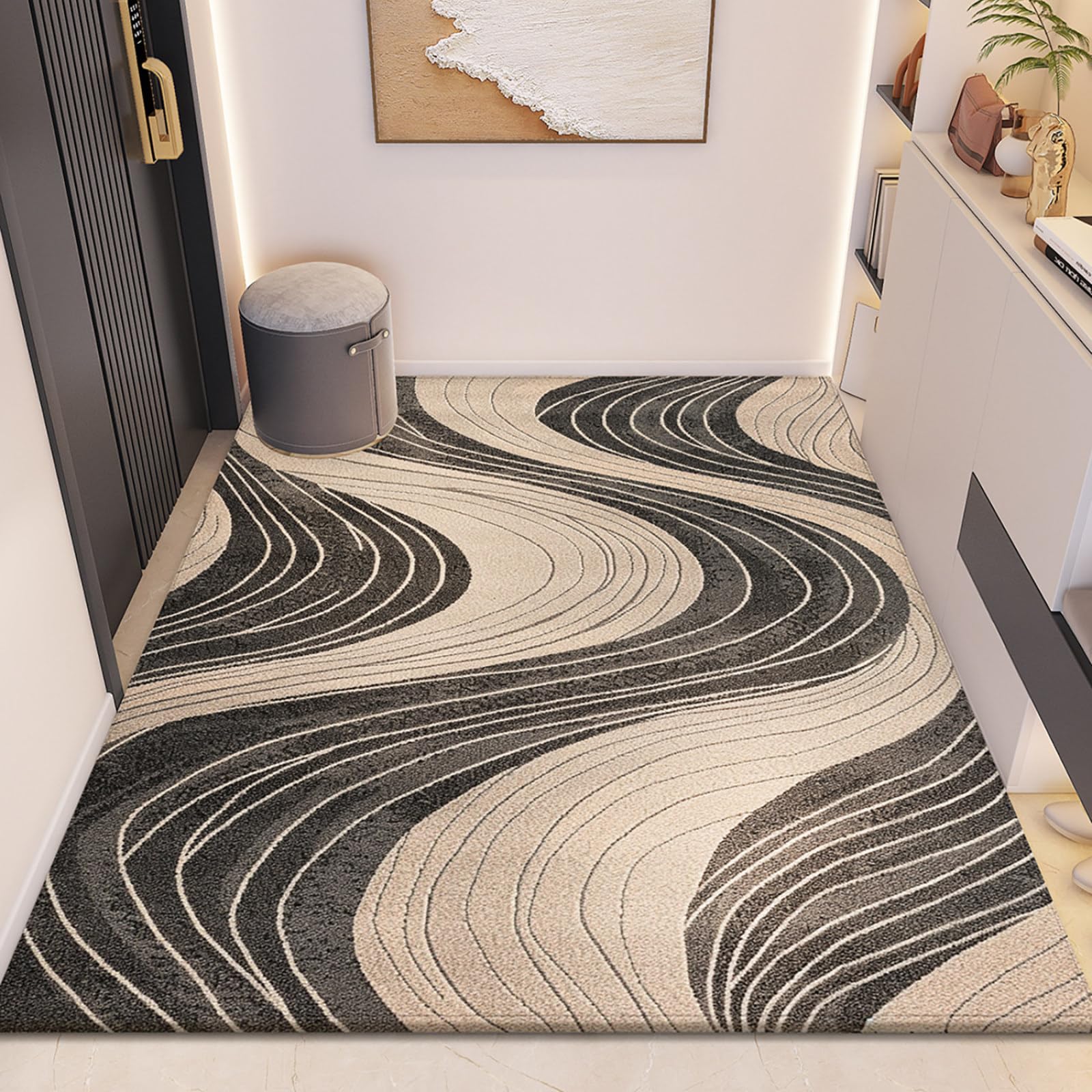 Felpudo Entrada Casa 90x150 Patrón Negro Beige Felpudo Exterior Antideslizante Lavable Felpudos para Pasillo Cocina Puerta Jardín Decoración Alfombrilla para Entrada