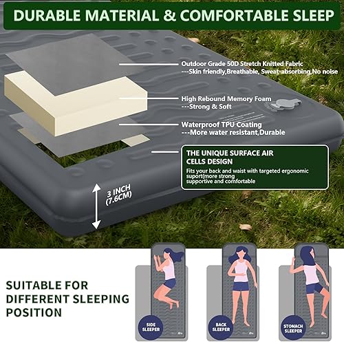 Miniatura 3 de HiiPeak Colchoneta de dormir con memoria, compactas de espuma de 3 pulgadas de grosor con almohada, colchón de campamento aislado de valor R 9.5,