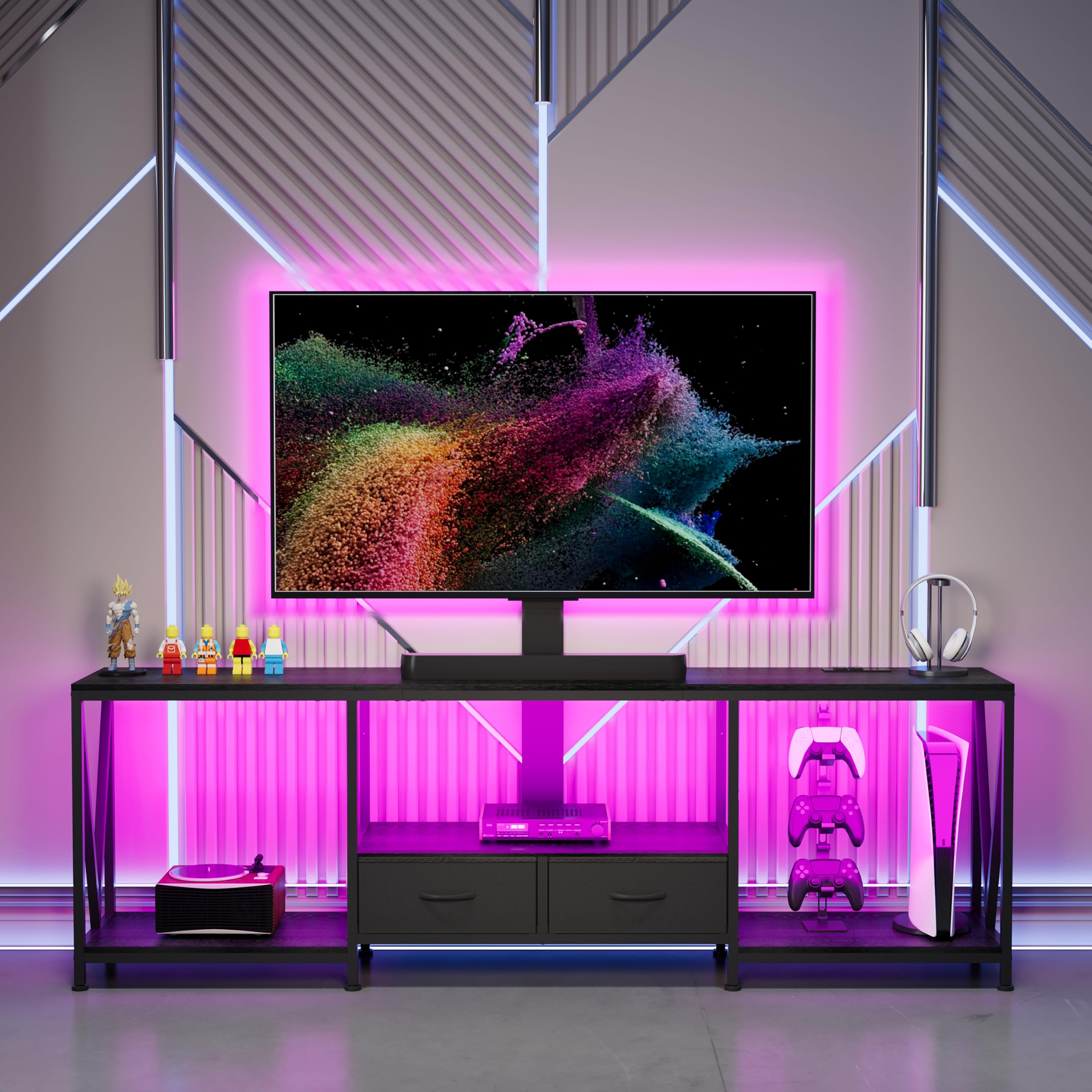 63" w tv stand with mount for 50,55,65,75" tv,entertainment center with power outlet and led lights,height adjustable tv console table with open storage shelves and fabric drawers (black)
