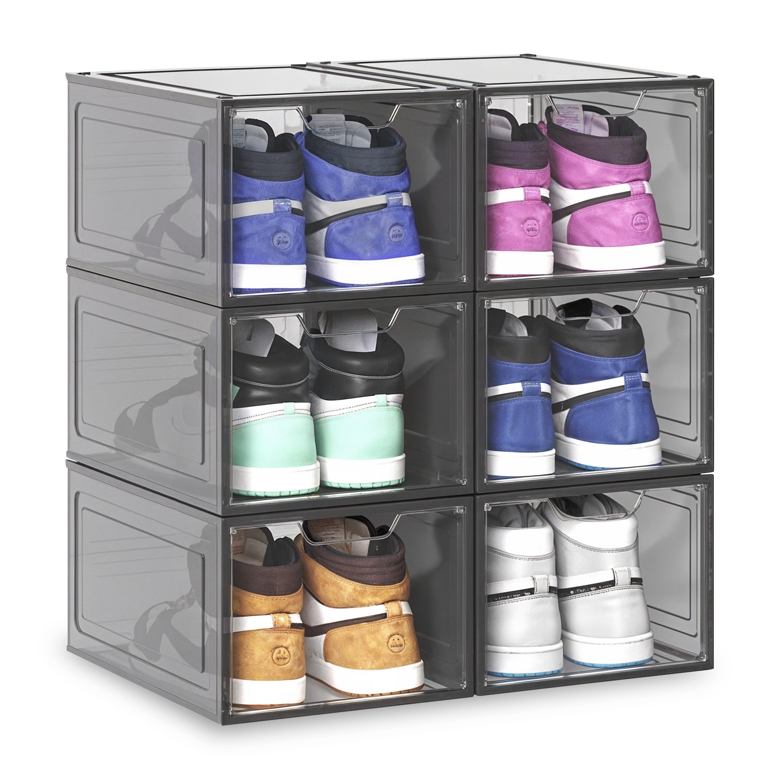 Blue Canyon Stackable Shoe Box, Interlocking Design, Plastic Shoe Storage, Magnetic Door Closure, Includes 6 Boxes, Stackable Storage Boxes, Under the Bed Shoe Storage, Ventilated Design, Black, Large