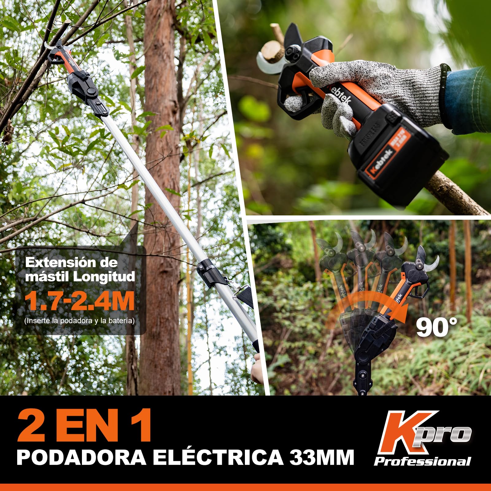 Kebtek Tijeras de Podar Electricas Bateria Profesional 33 mm, Cortadora de Ramas Inalámbrica, Motor Sin Escobillas (Li-Ion, 2000mAh 18V 2Ah, 1 batería y Cargador) (KT 933)