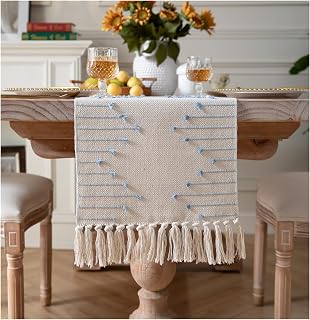 Caflife Light Blue Cotton Linen Rustic Boho Table Runner 13 x 72 Inch Long