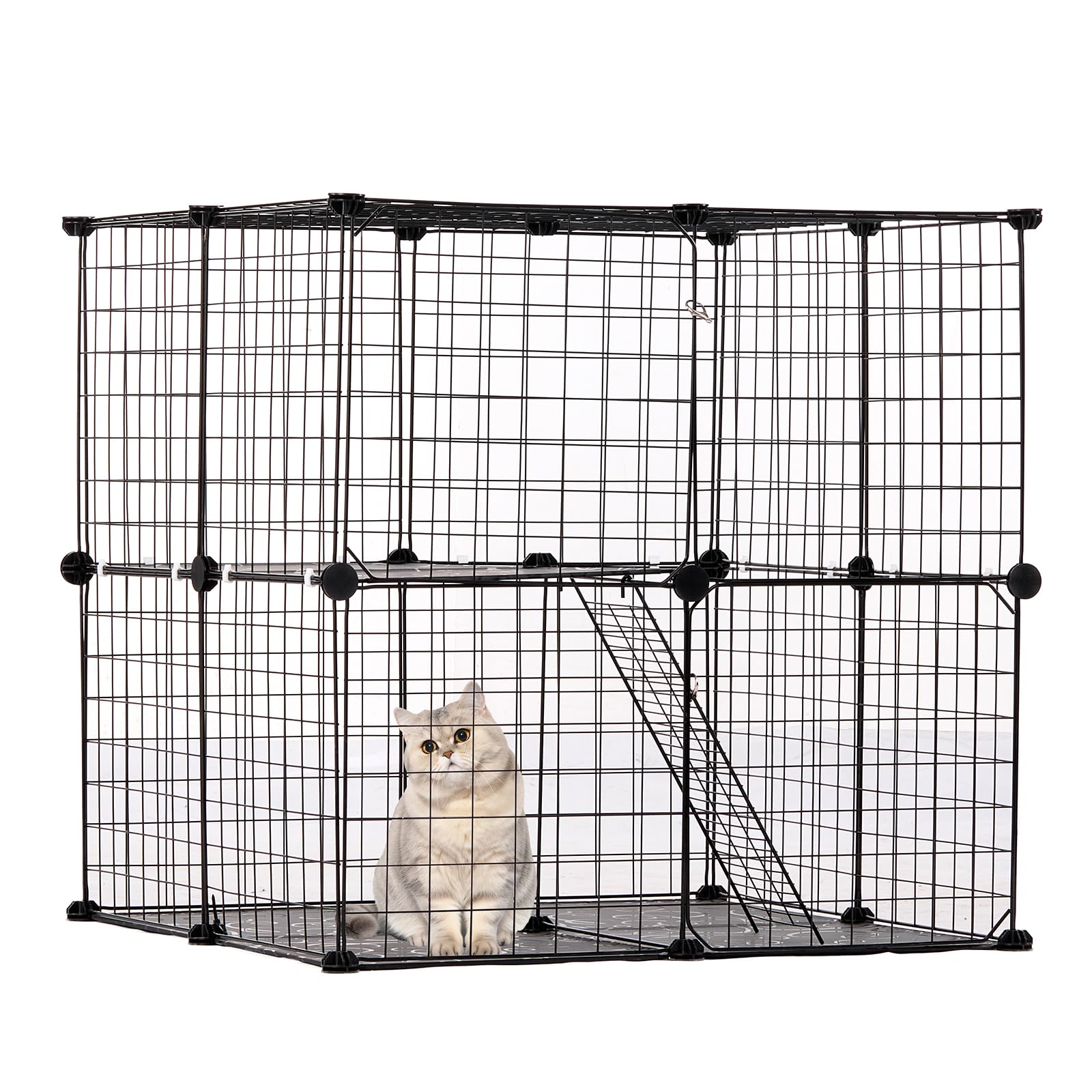 VEVOR Cage Chat 2 Niveaux, Grand Enclos Chats Fil Métallique Modulable à Monter, avec Échelle, Plate-Forme de Repos Réglable, Espace d'exercice Extérieur Intérieur pour Petits Animaux, 711x711x711 mm