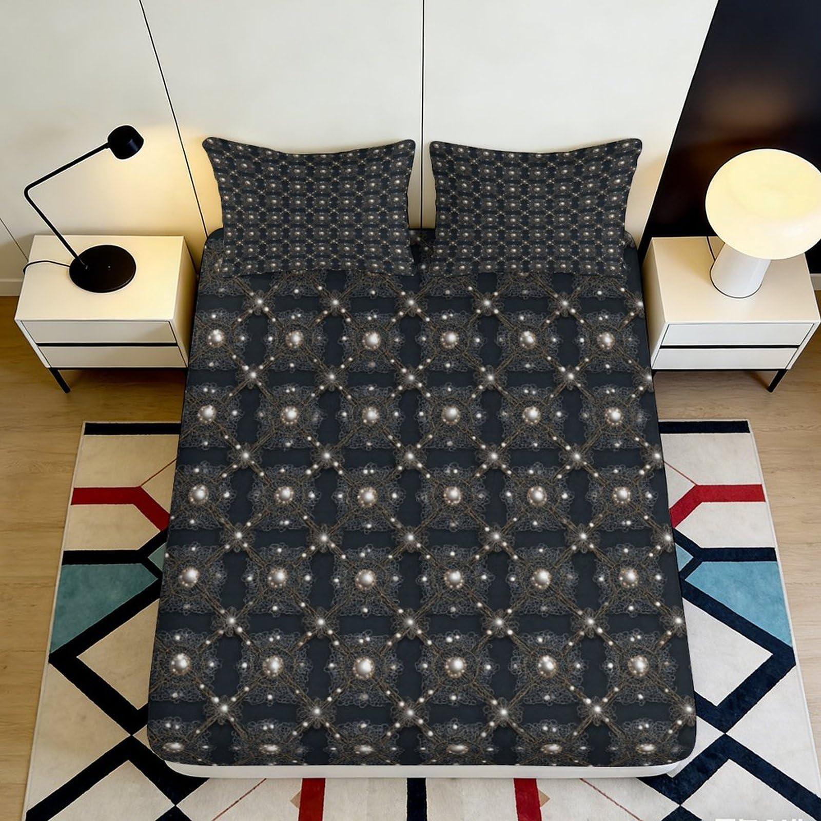 Pnayamiorkfel Style-2 3D Printed Geometric Pearl Pattern Fitted Sheet Microfiber Soft Black Bed Cover For Bedroom Guestroom Decor 90X200x25cm