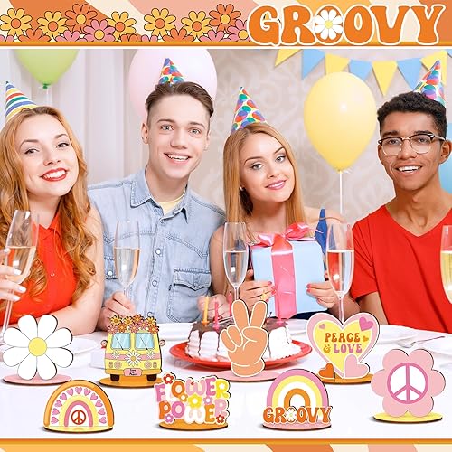 Miniatura 2 de 12 piezas de decoración de fiesta Groovy Groovy Centros de mesa para mesas, dos regalos de fiesta de cumpleaños, hippie bohemio, letreros de madera